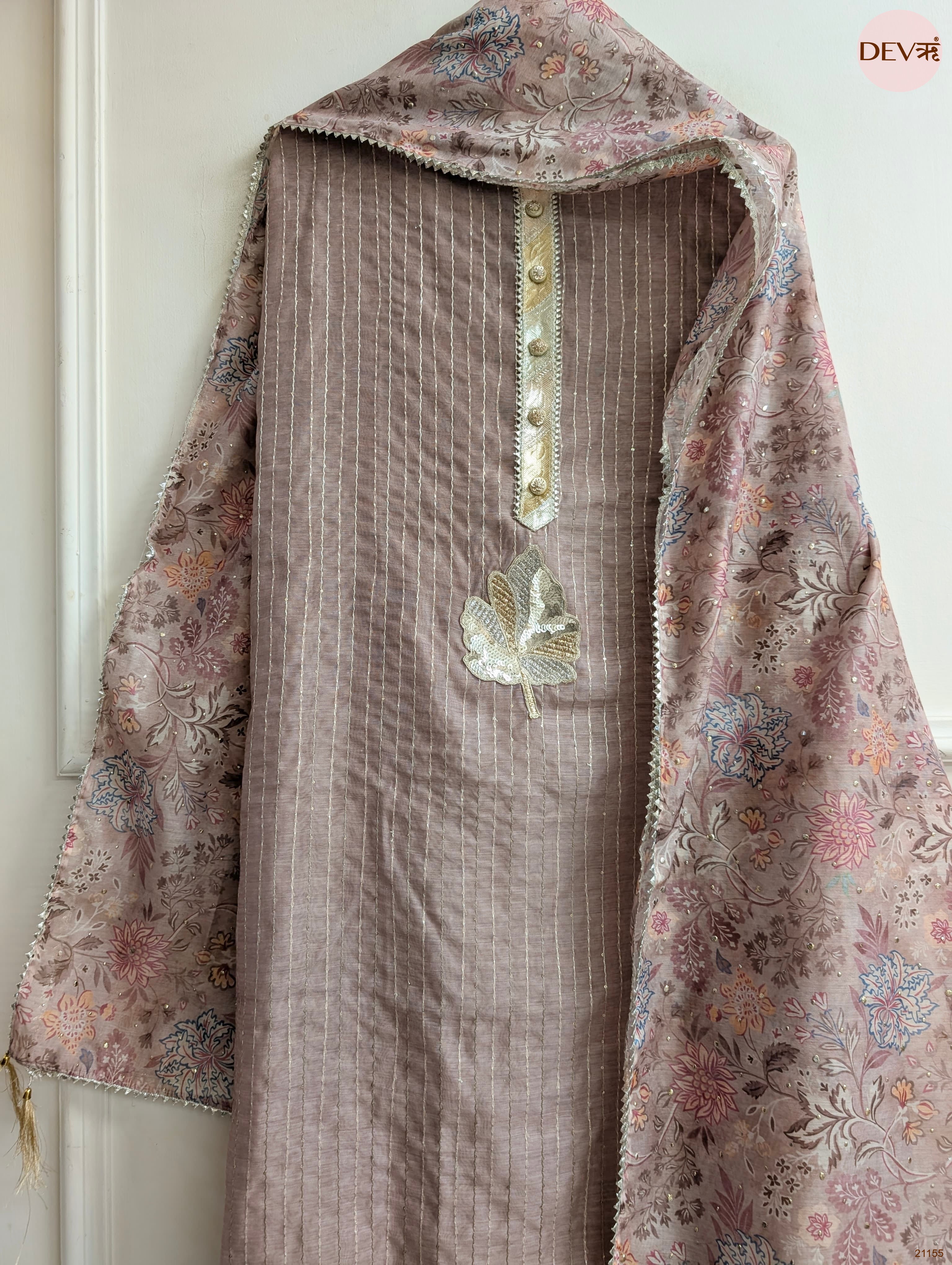 Taupe Pure Chanderi Printed Unstitched 3-Piece Suit (Devri – D.No 21155)