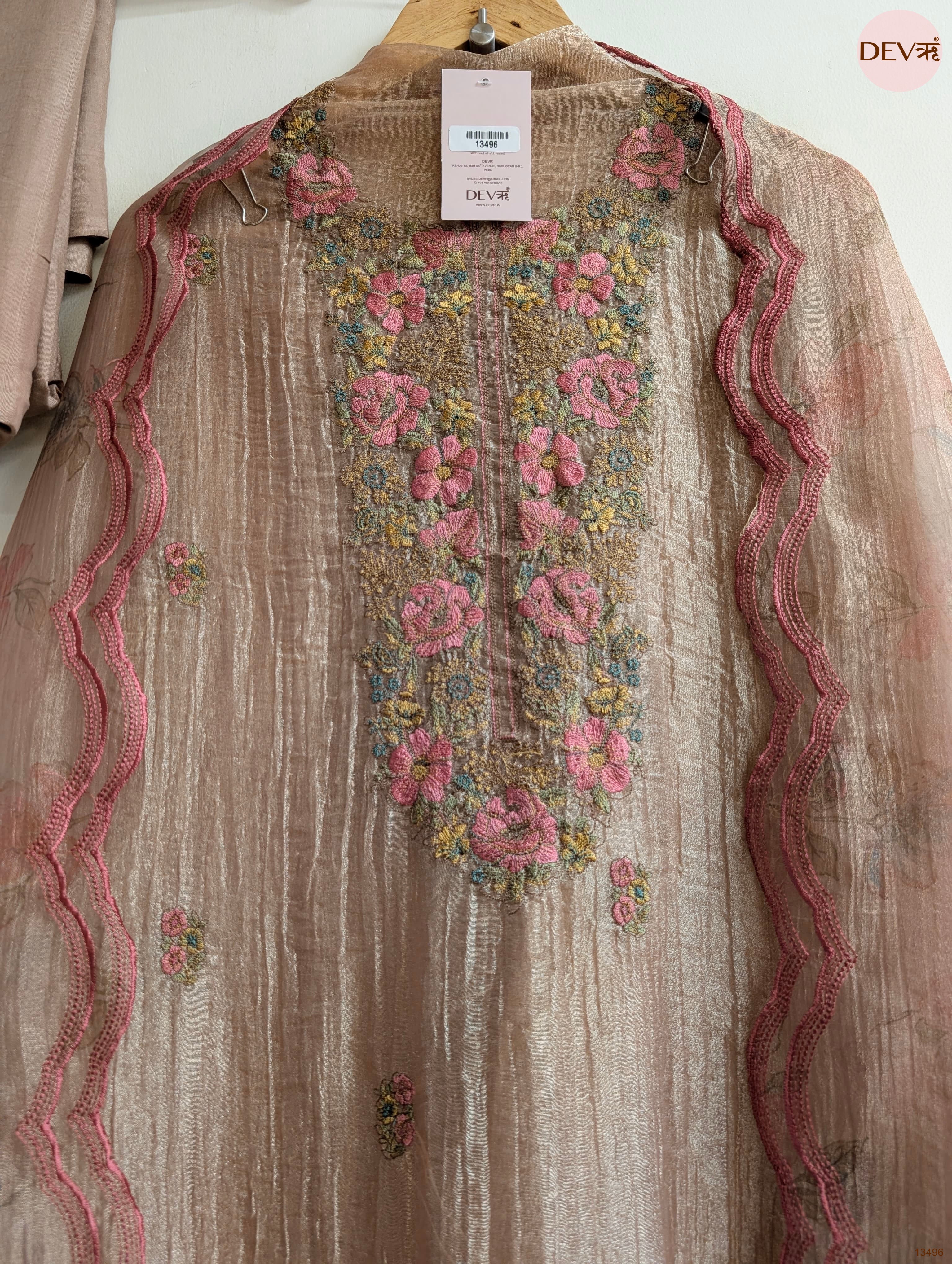 Beige Tissue Crush Silk Embroidered Unstitched 3-Piece Suit (Devri – D.No 13496)