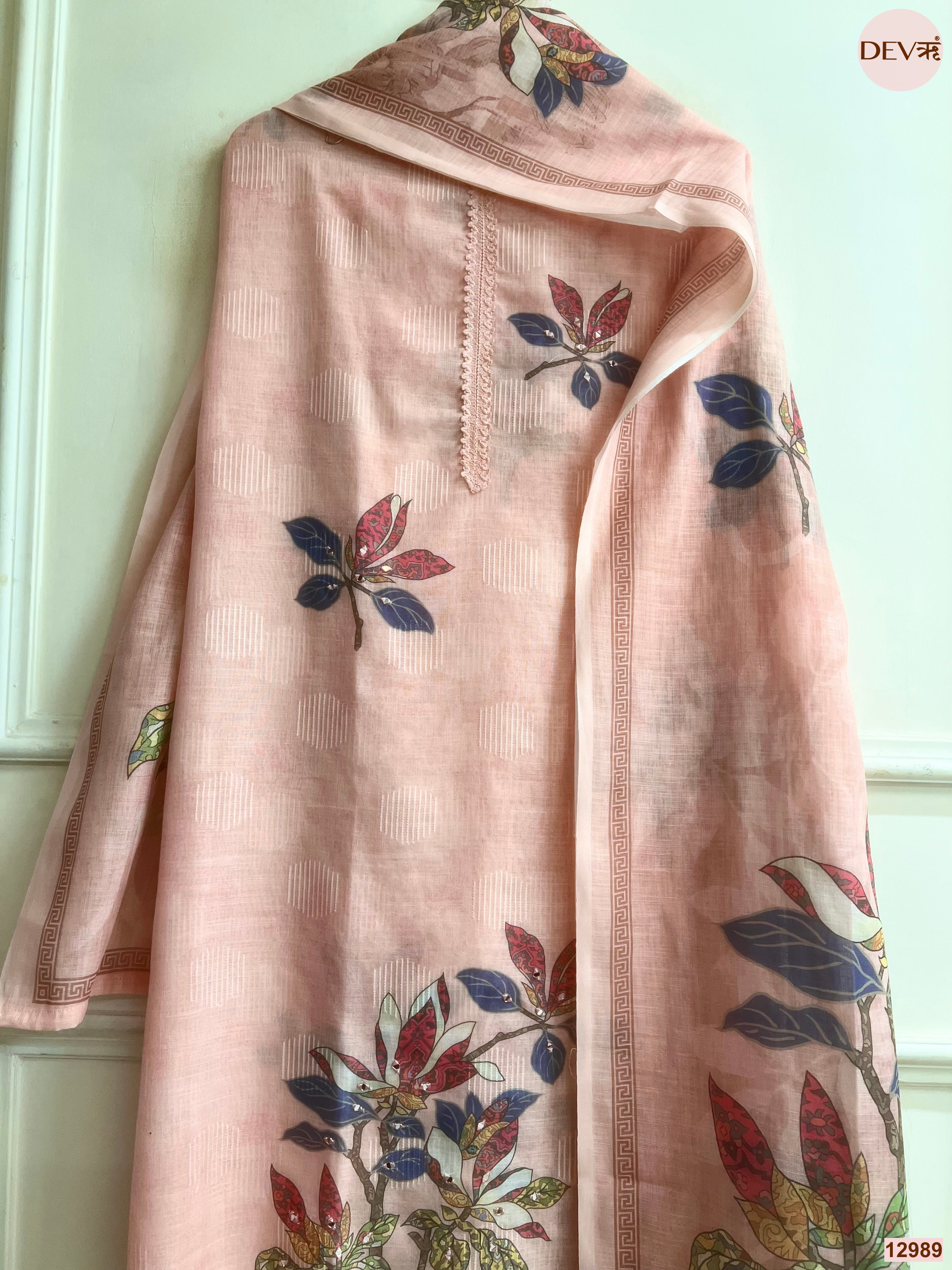 Peach Linen Printed Unstitched 3-Piece Suit (Devri – D.No 12989)