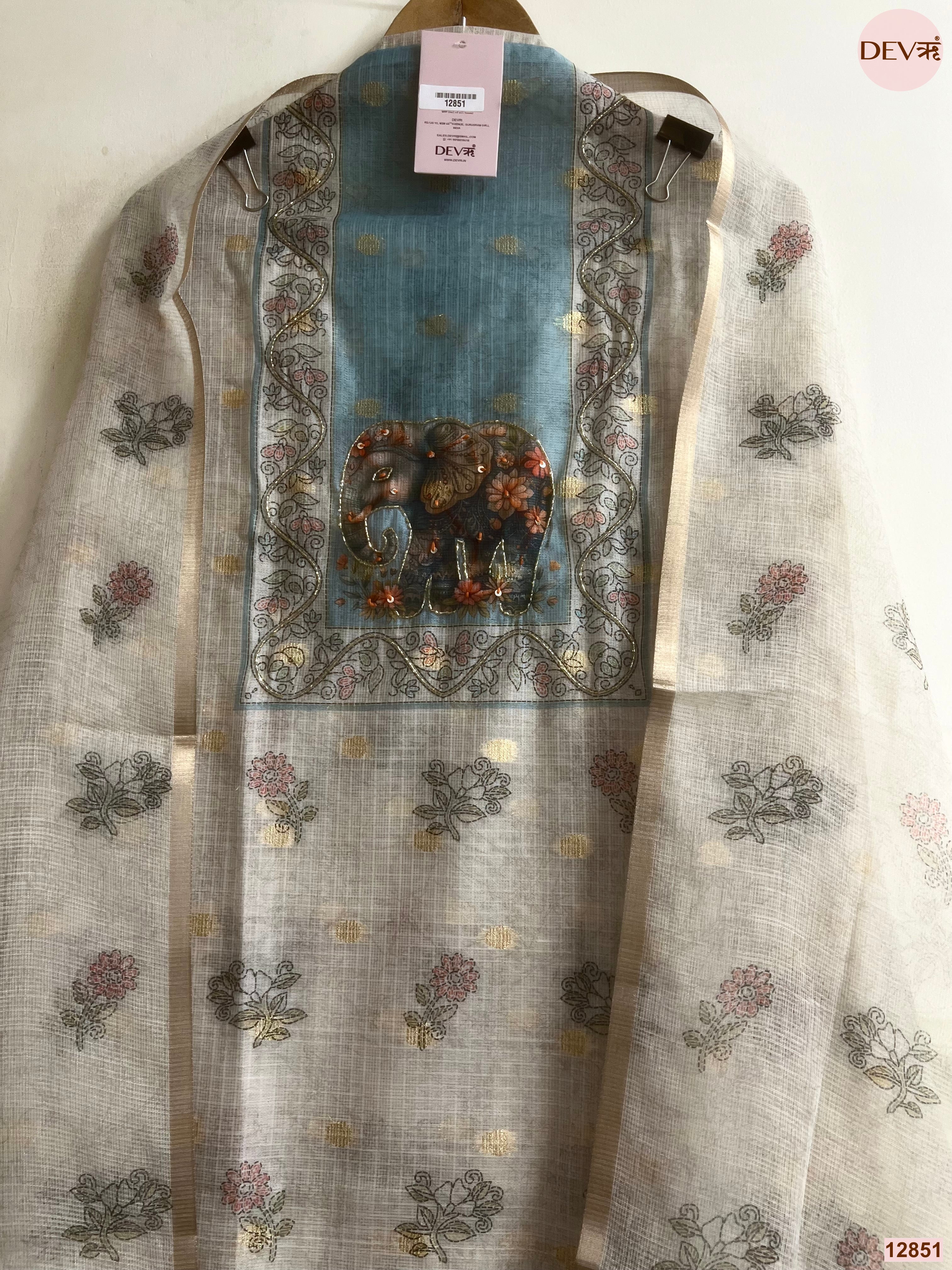 Blue Linen Cotton Printed Unstitched 3-Piece Suit (Devri – D.No 12851)