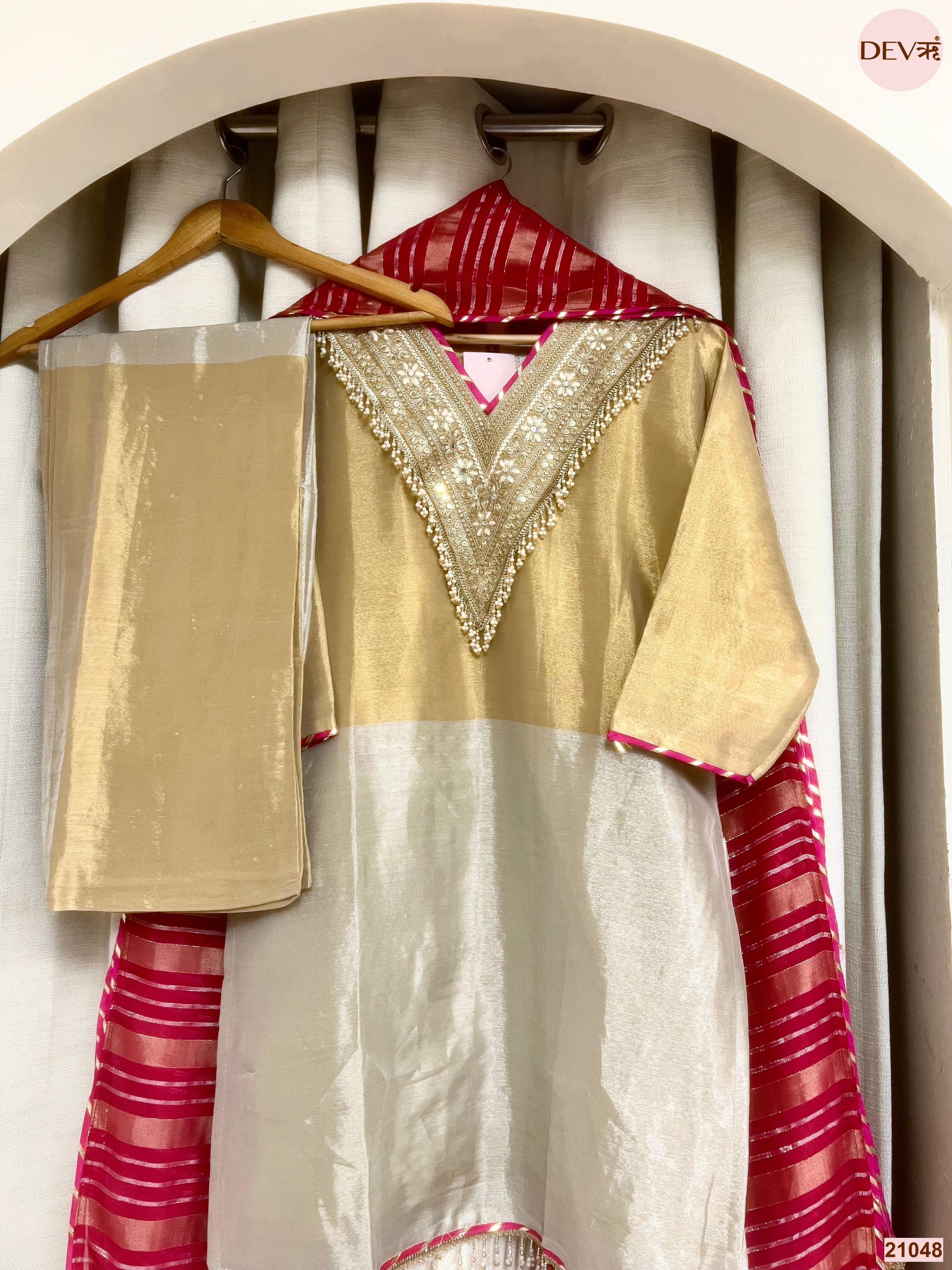 Zareen Tissue Silk Embroidered Gold 3-Piece Set (Devri – D.No 21048)