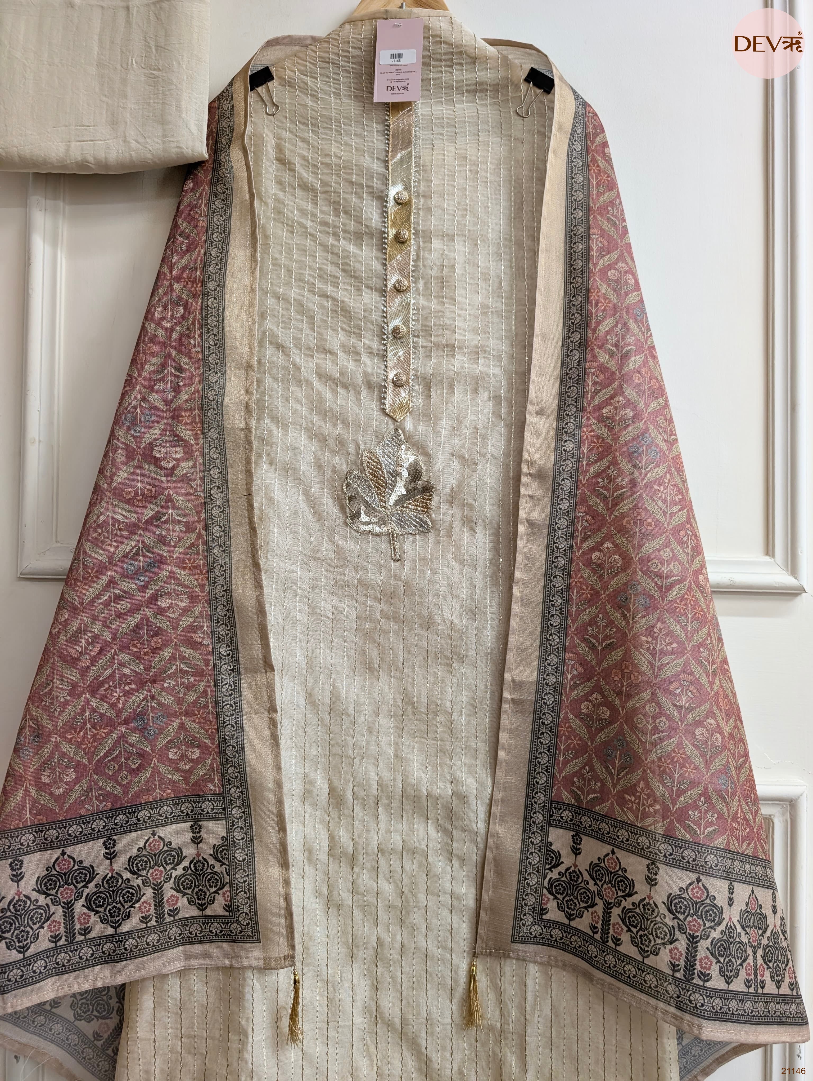 Cream Pure Chanderi Embroidered Unstitched 3-Piece Suit (Devri – D.No 21146)