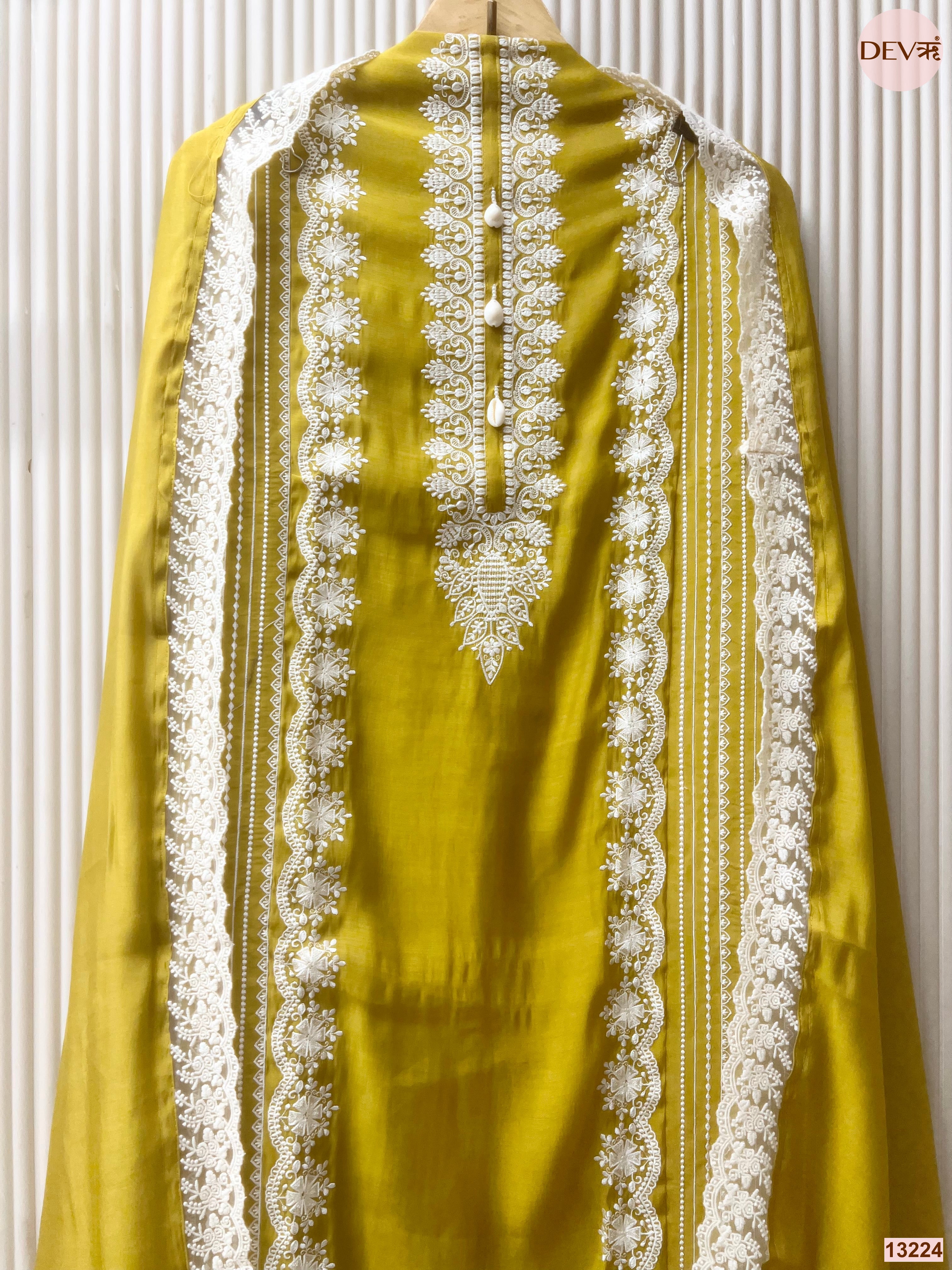Mustard Mul Cotton Embroidered Unstitched 3-Piece Suit (Devri – D.No 13224)