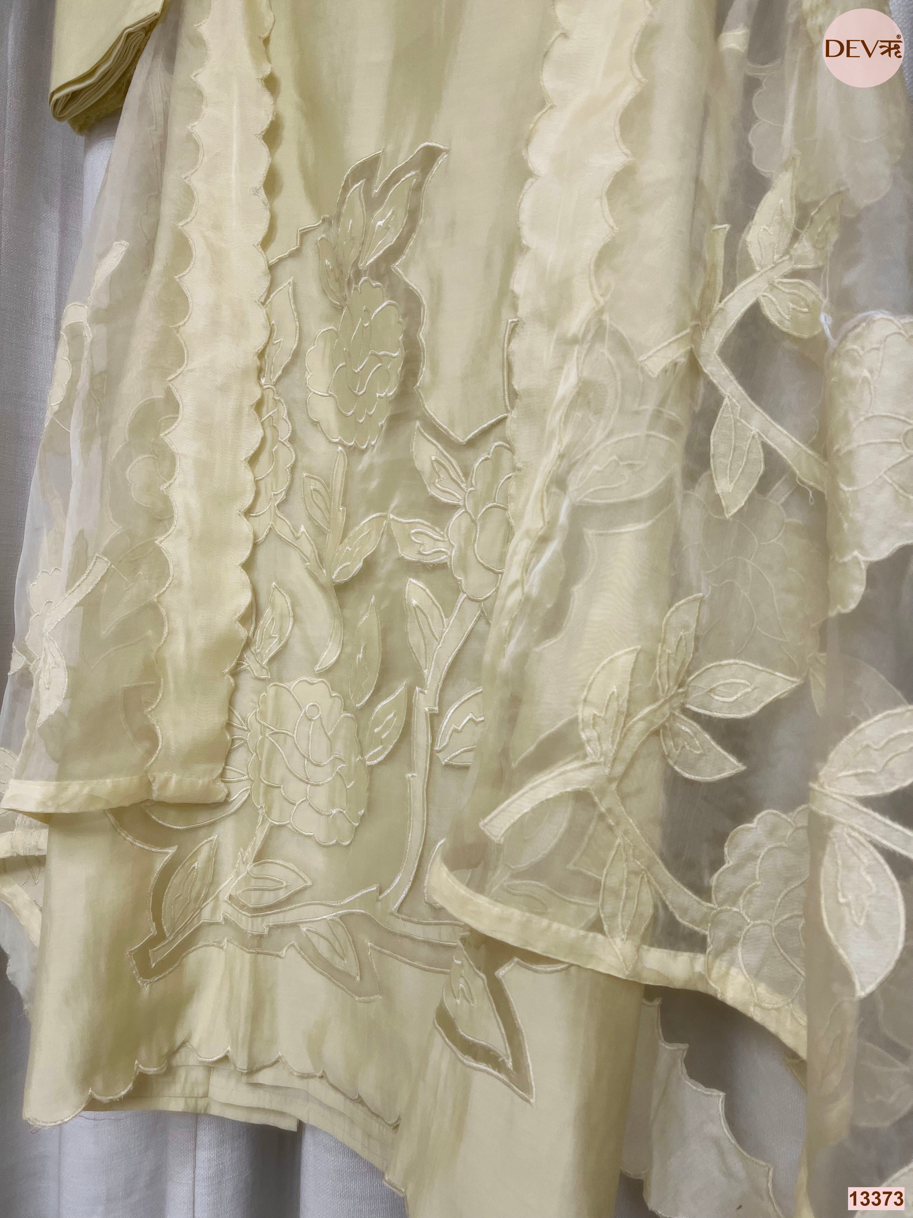 Yellow Roman Silk Embroidered Unstitched 3-Piece Suit (Devri – D.No 13373)