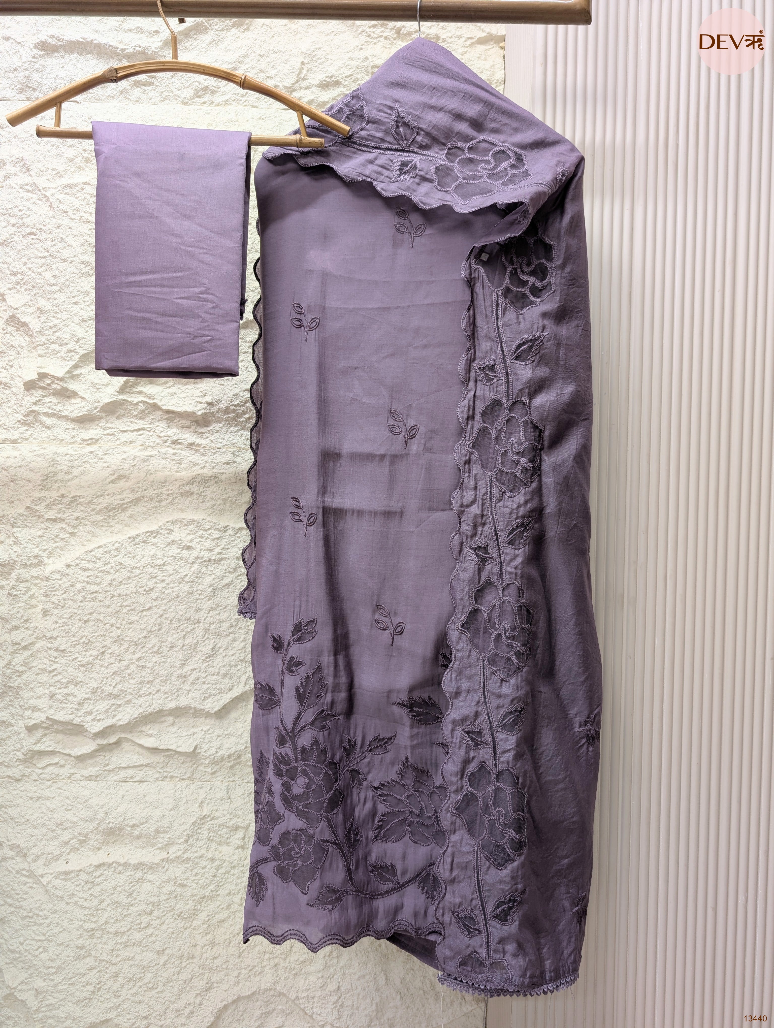 Purple Mul Chanderi Embroidered Unstitched 3-Piece Suit (Devri – D.No 13440)