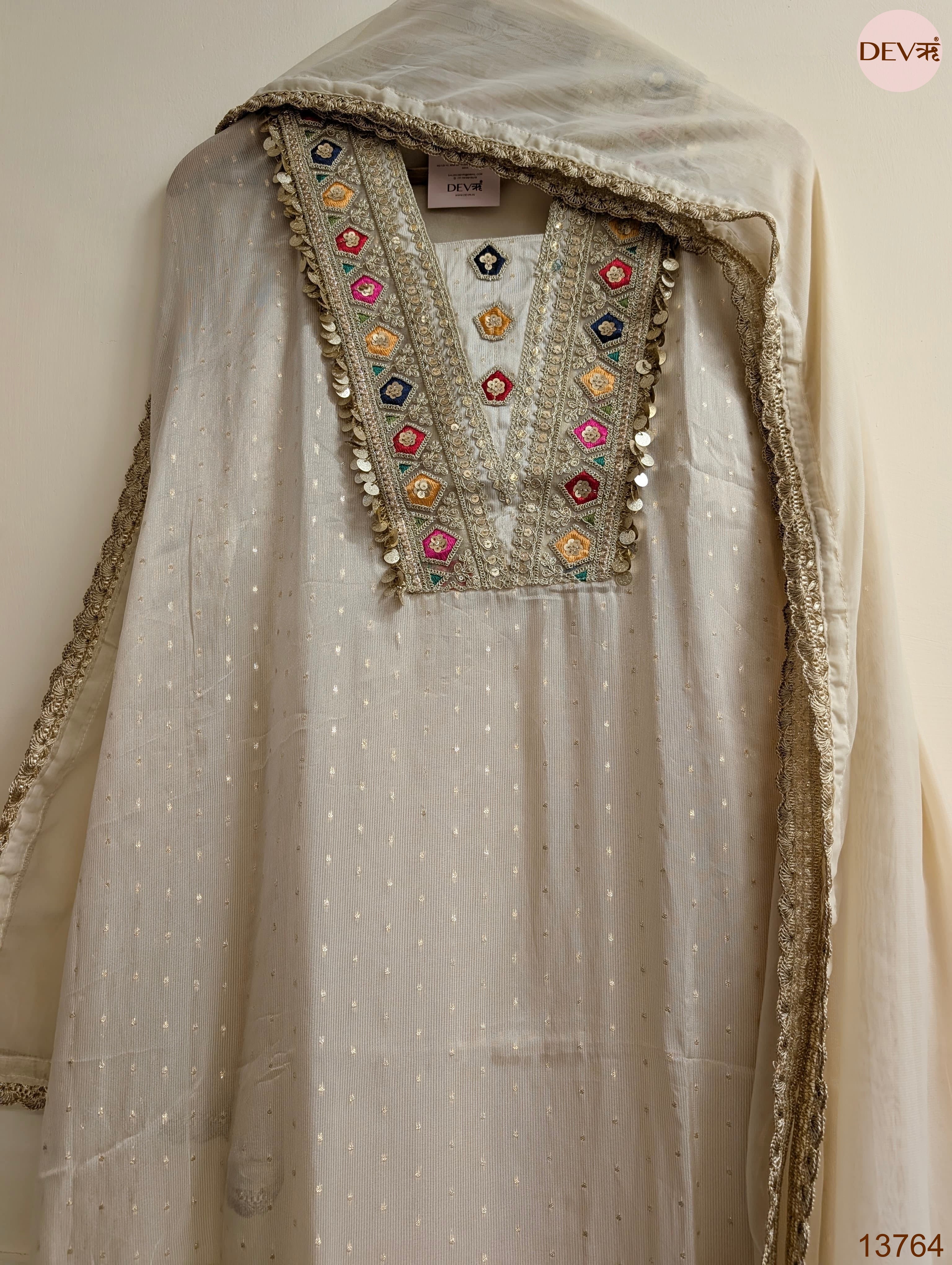 Off White Pure tissue silk Embroidered Unstitched 3-Piece Suit (Devri – D.No 13764)