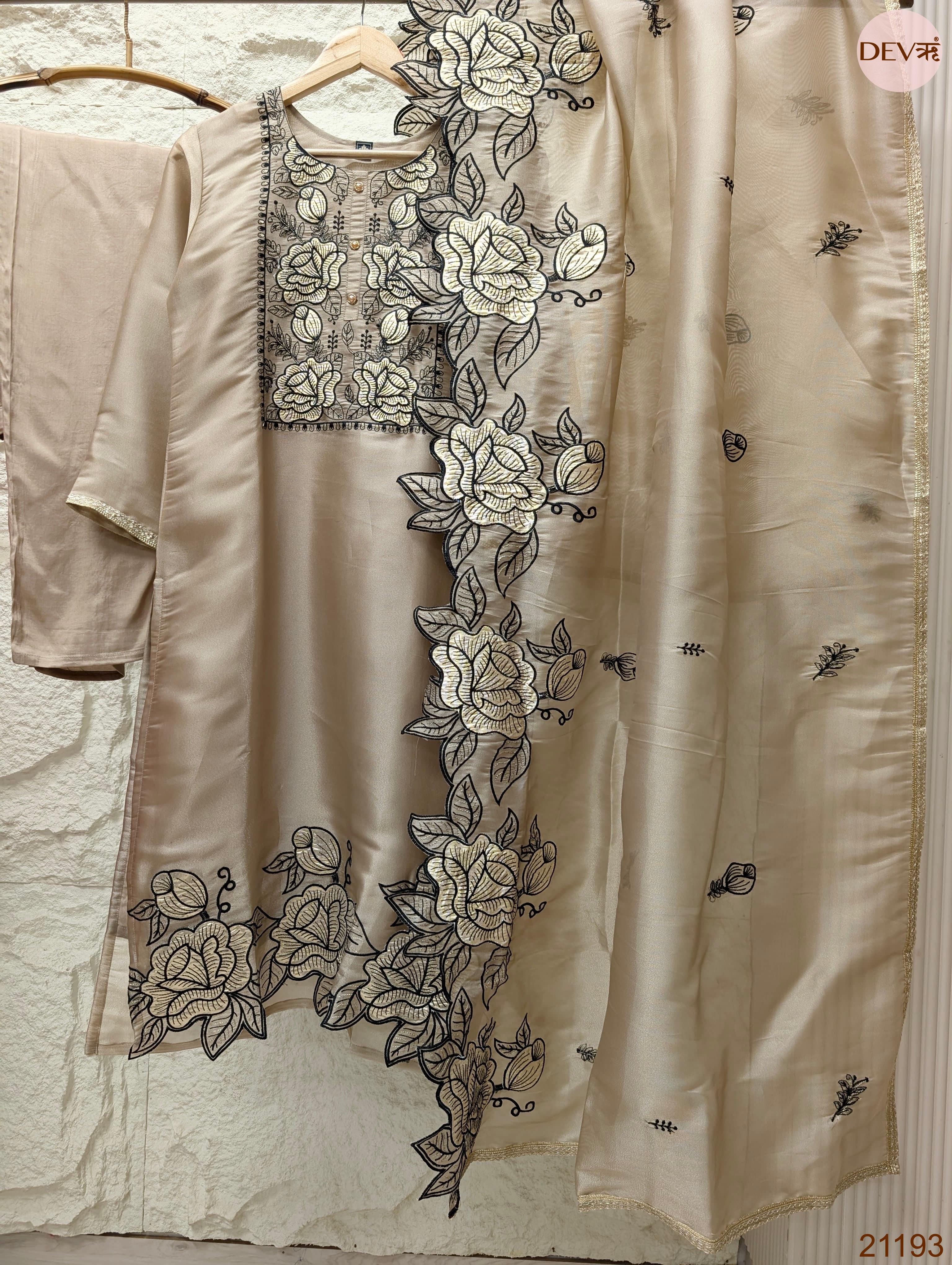 Gulnaar Tissue silk Embroidered Beige 3-Piece Set (Devri – D.No 21193)