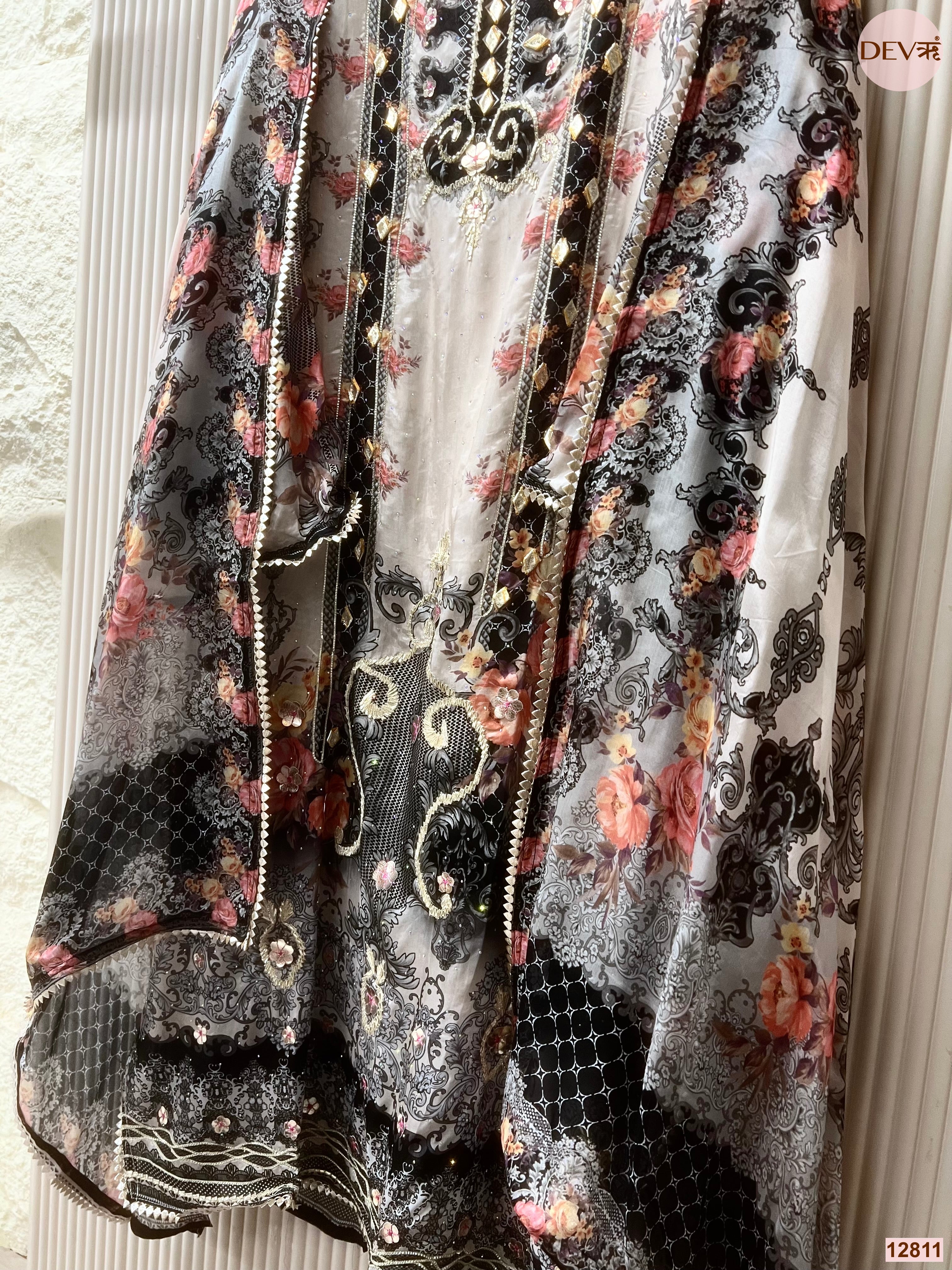 Grey Glass Organza Silk Printed Unstitched 3-Piece Suit (Devri – D.No 12811)