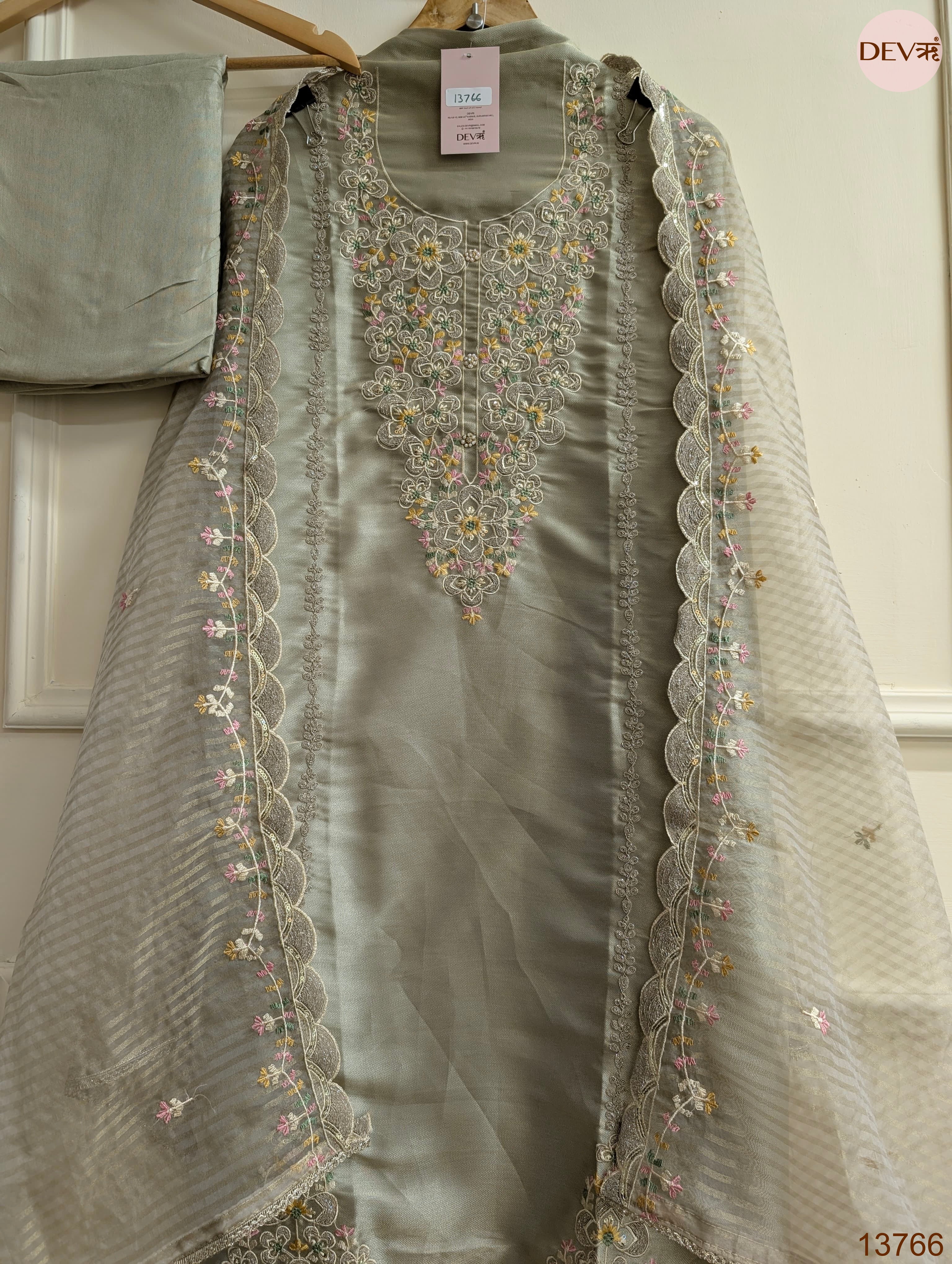 Grey Tissue Silk Embroidered Unstitched 3-Piece Suit (Devri – D.No 13766)