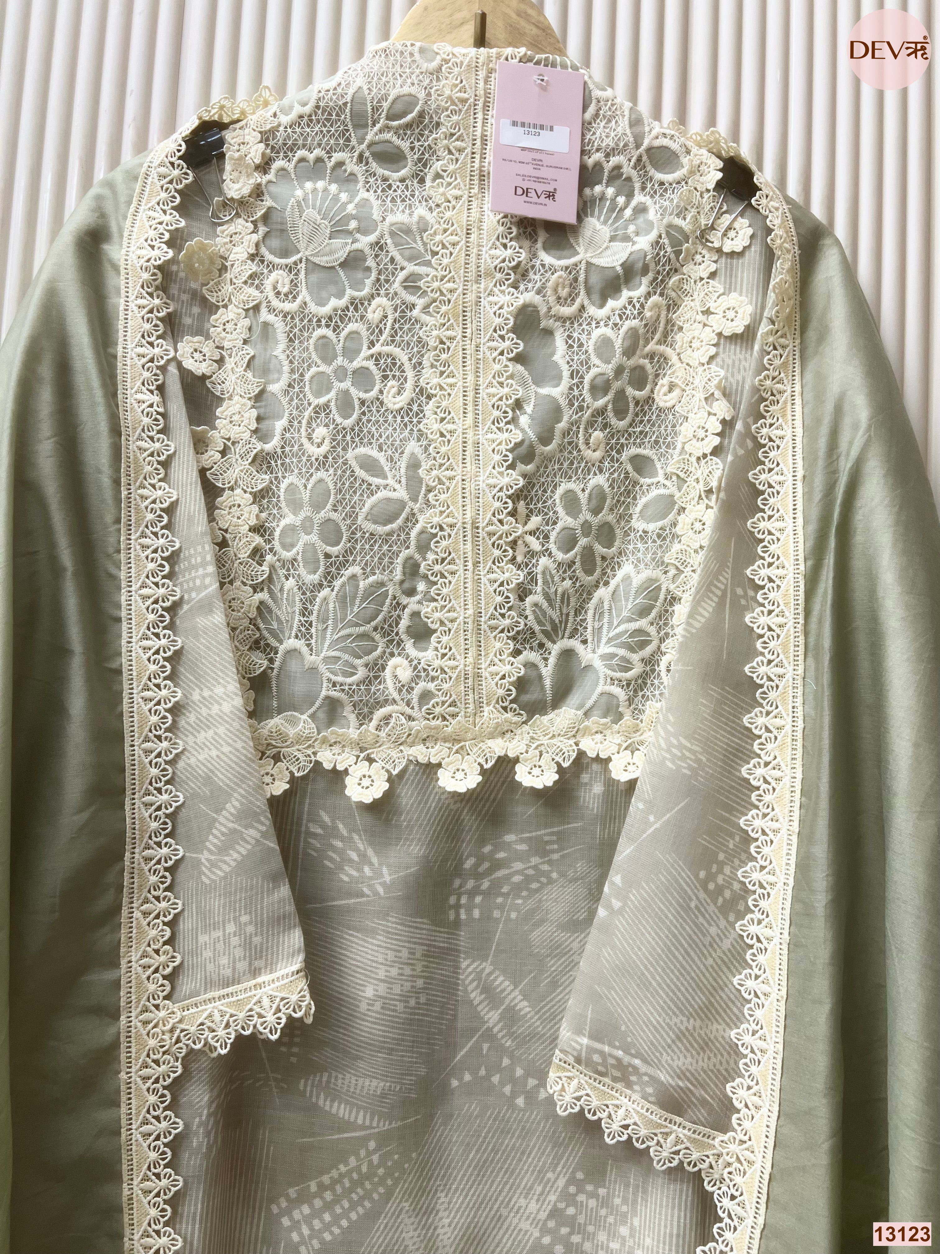Sage Linen Embroidered Unstitched 3-Piece Suit (Devri – D.No 13123)