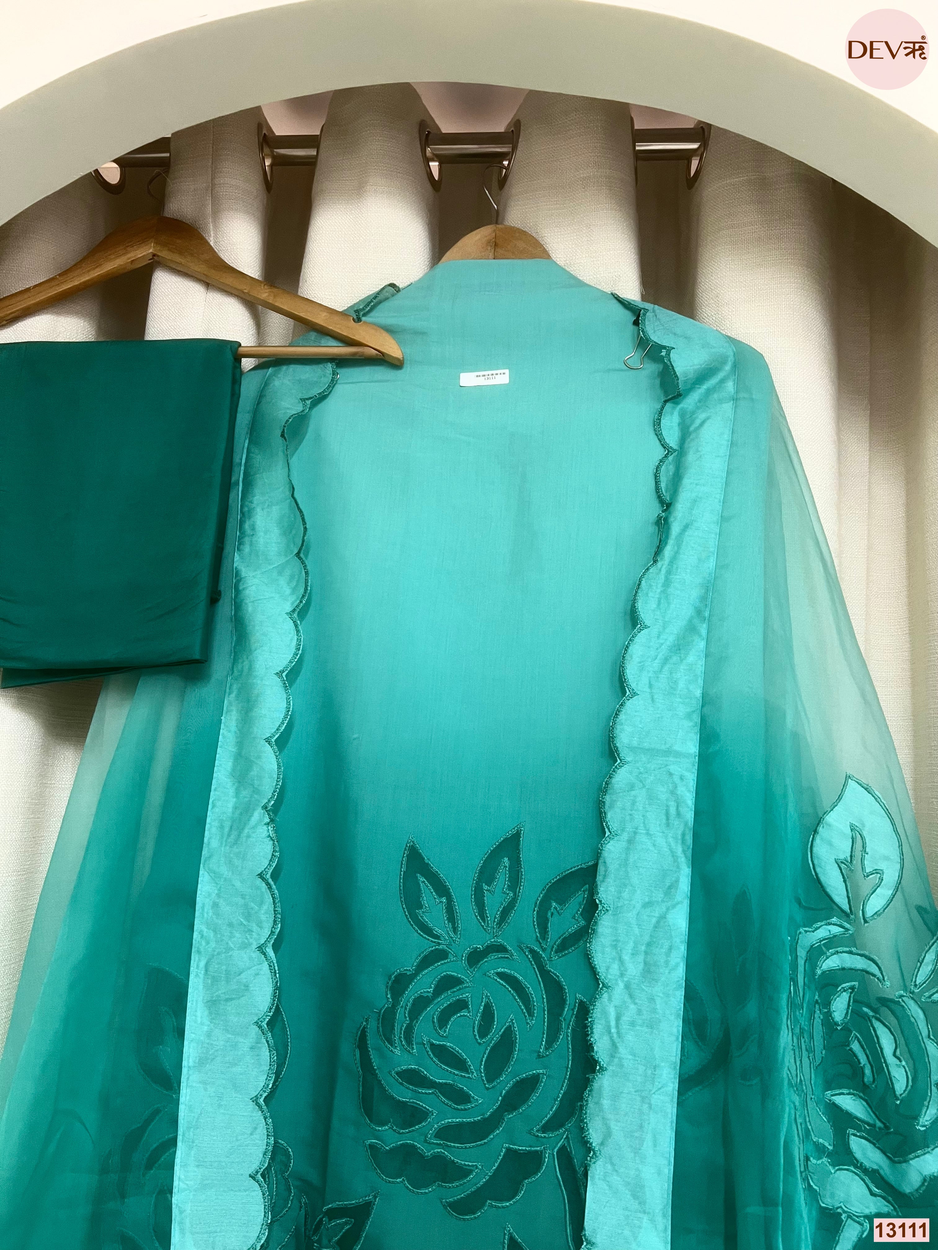 Turquoise Mul Chanderi Embroidered Unstitched 3-Piece Suit (Devri – D.No 13111)