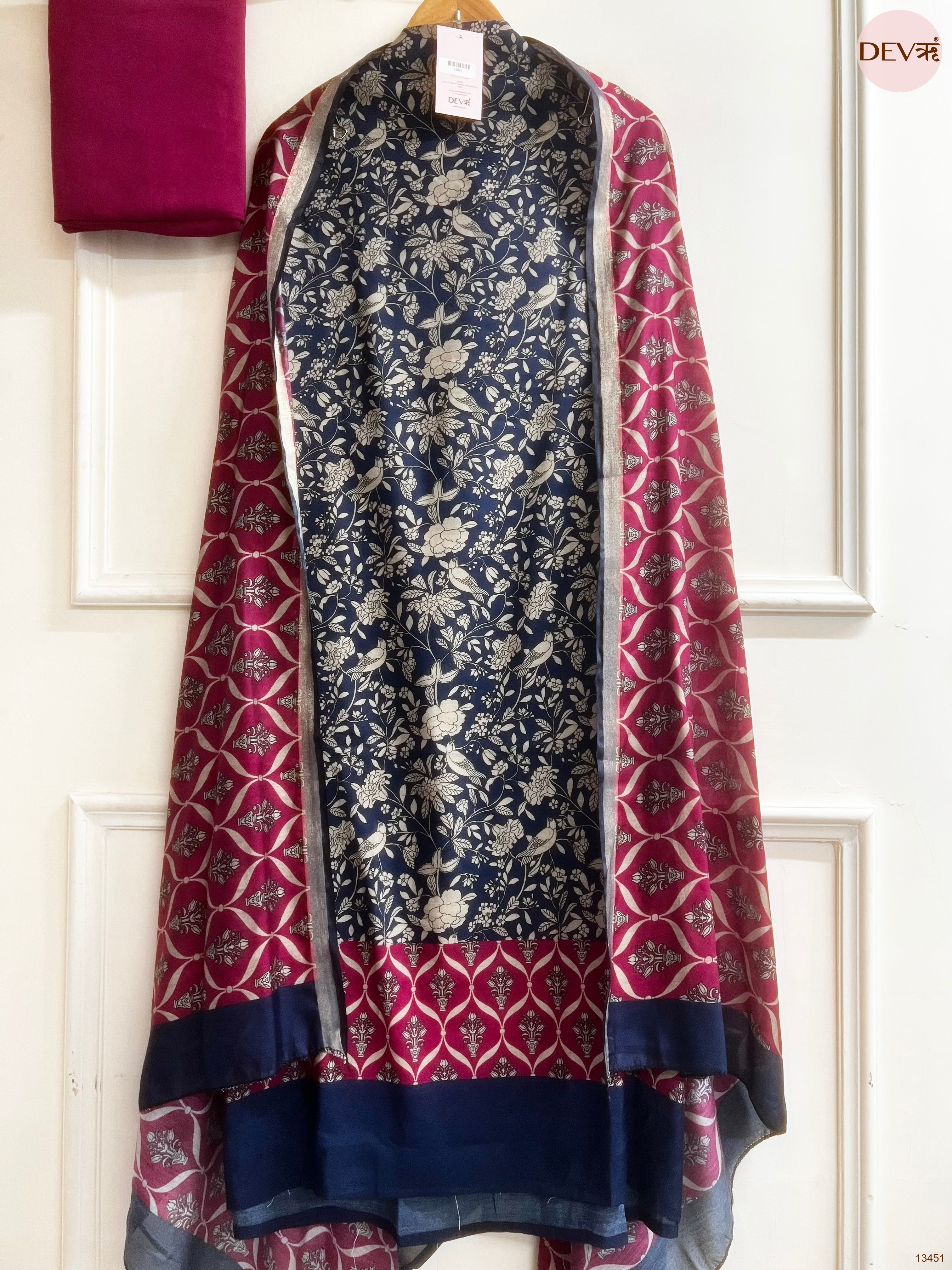 Navy Maheshwari Silk Printed Unstitched 3-Piece Suit (Devri – D.No 13451)
