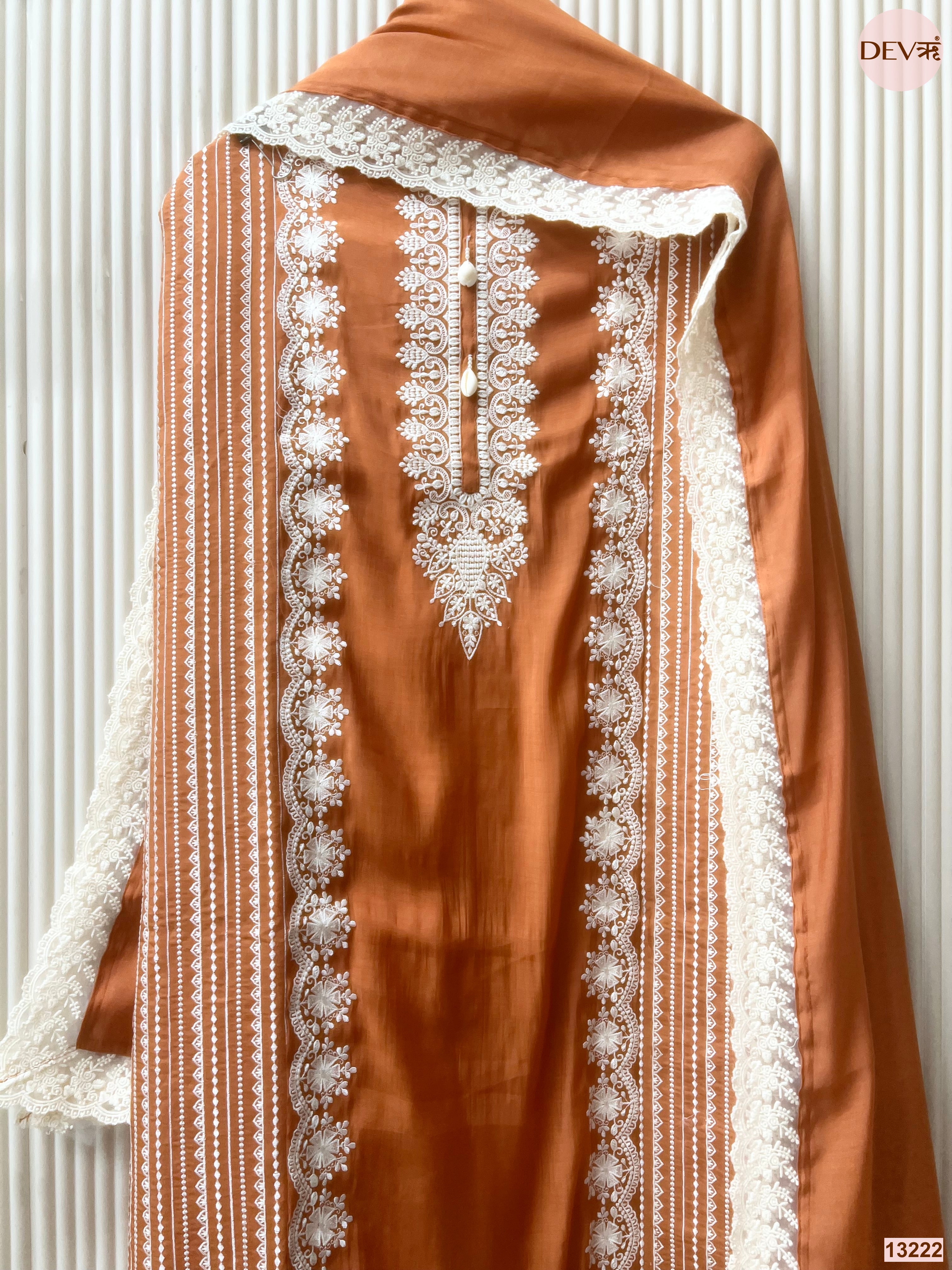 Rust Mul Cotton Embroidered Unstitched 3-Piece Suit (Devri – D.No 13222)