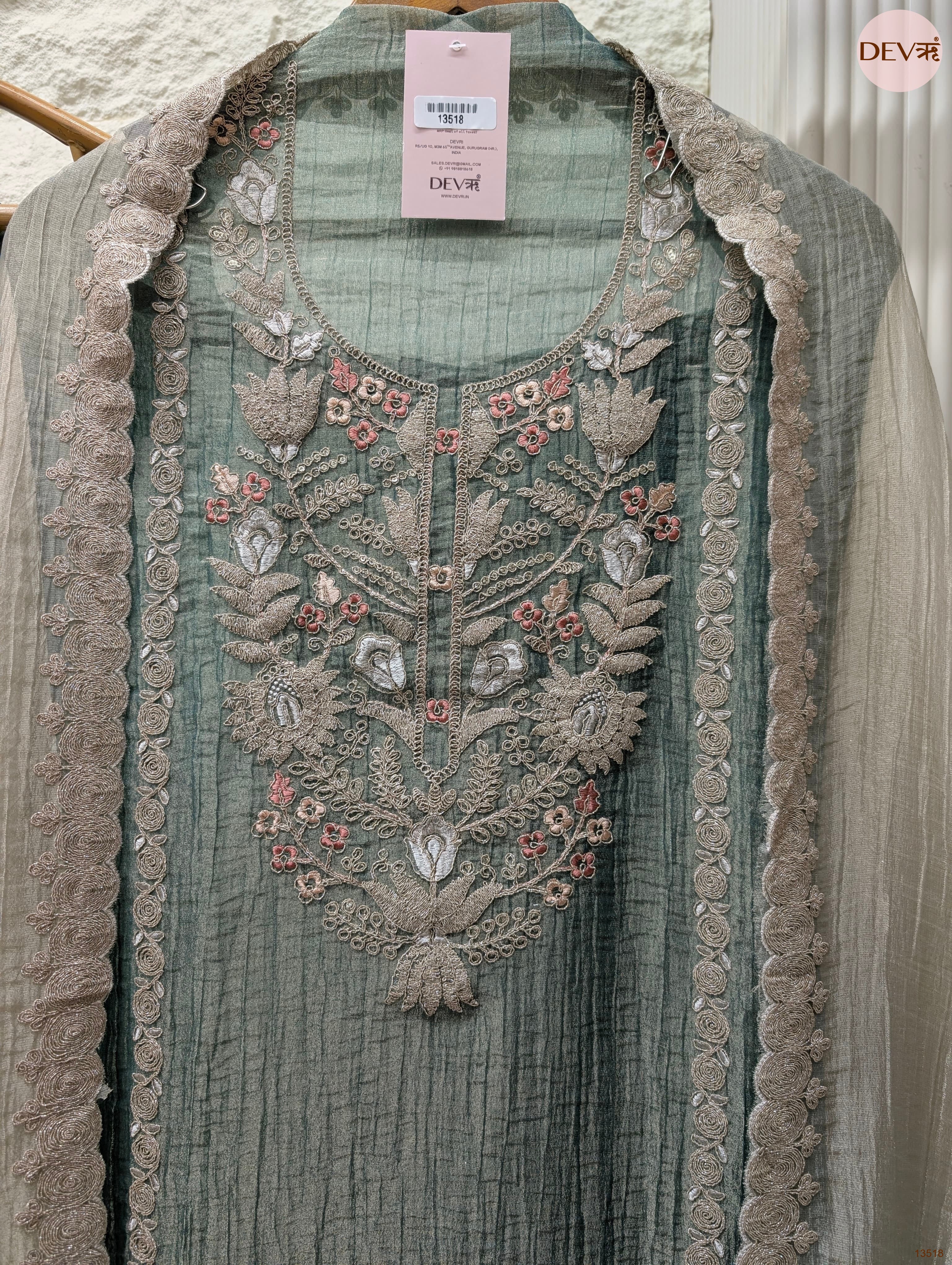 Green Tissue Silk Embroidered Unstitched 3-Piece Suit (Devri – D.No 13518)