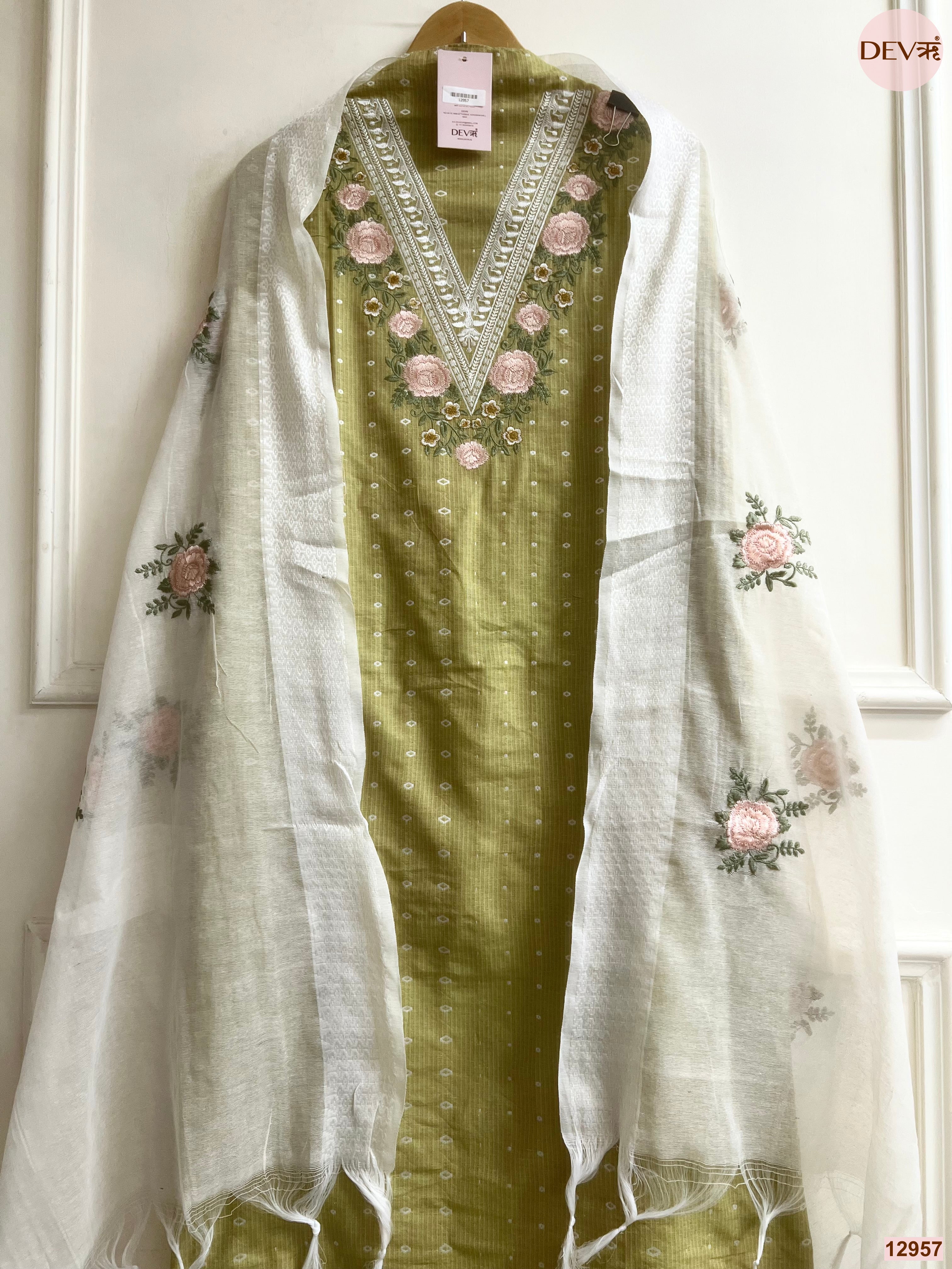 Olive Cotton Handloom Embroidered Unstitched 3-Piece Suit (Devri – D.No 12957)