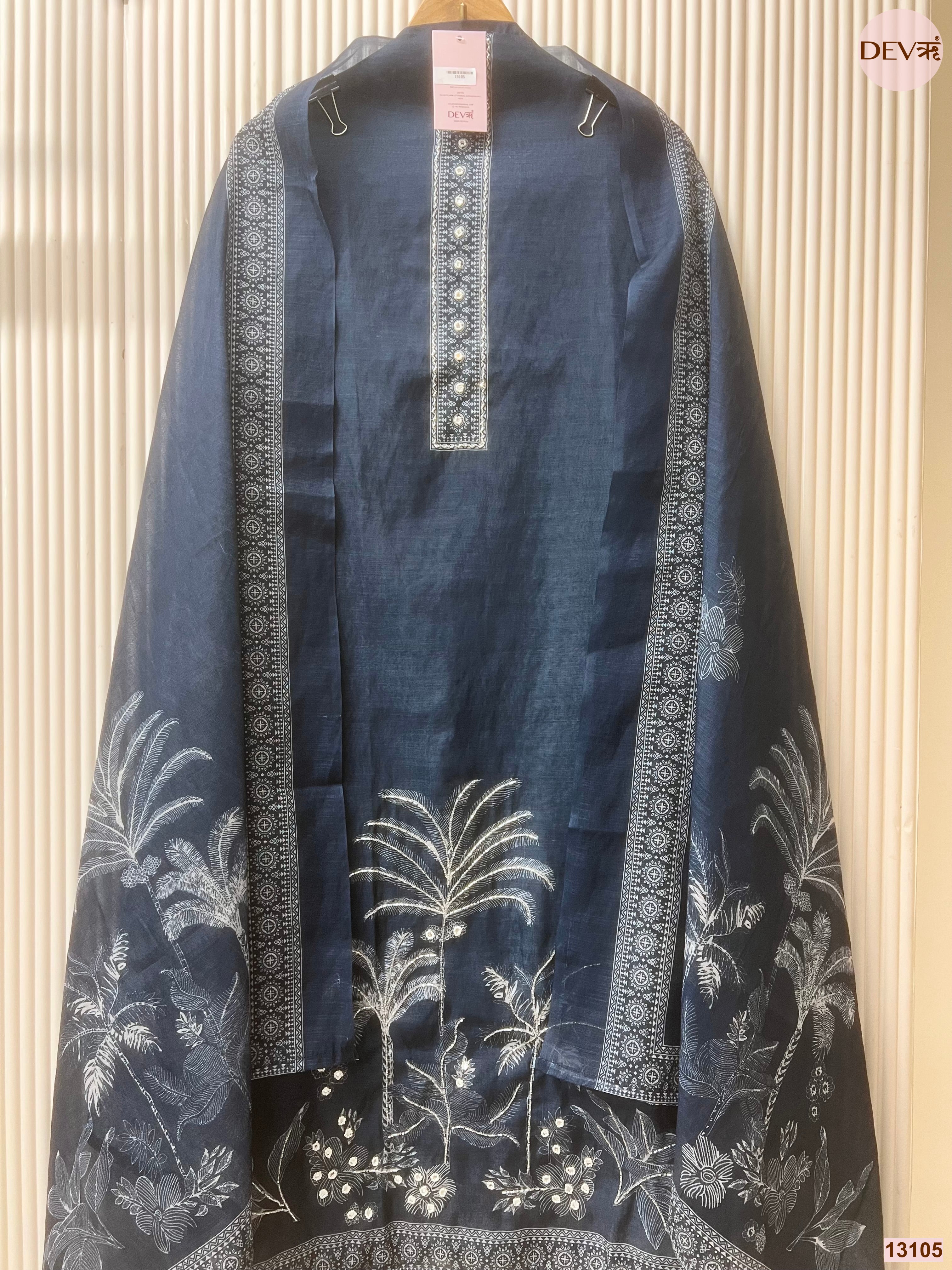 Navy Linen Cotton Printed Unstitched 3-Piece Suit (Devri – D.No 13105)