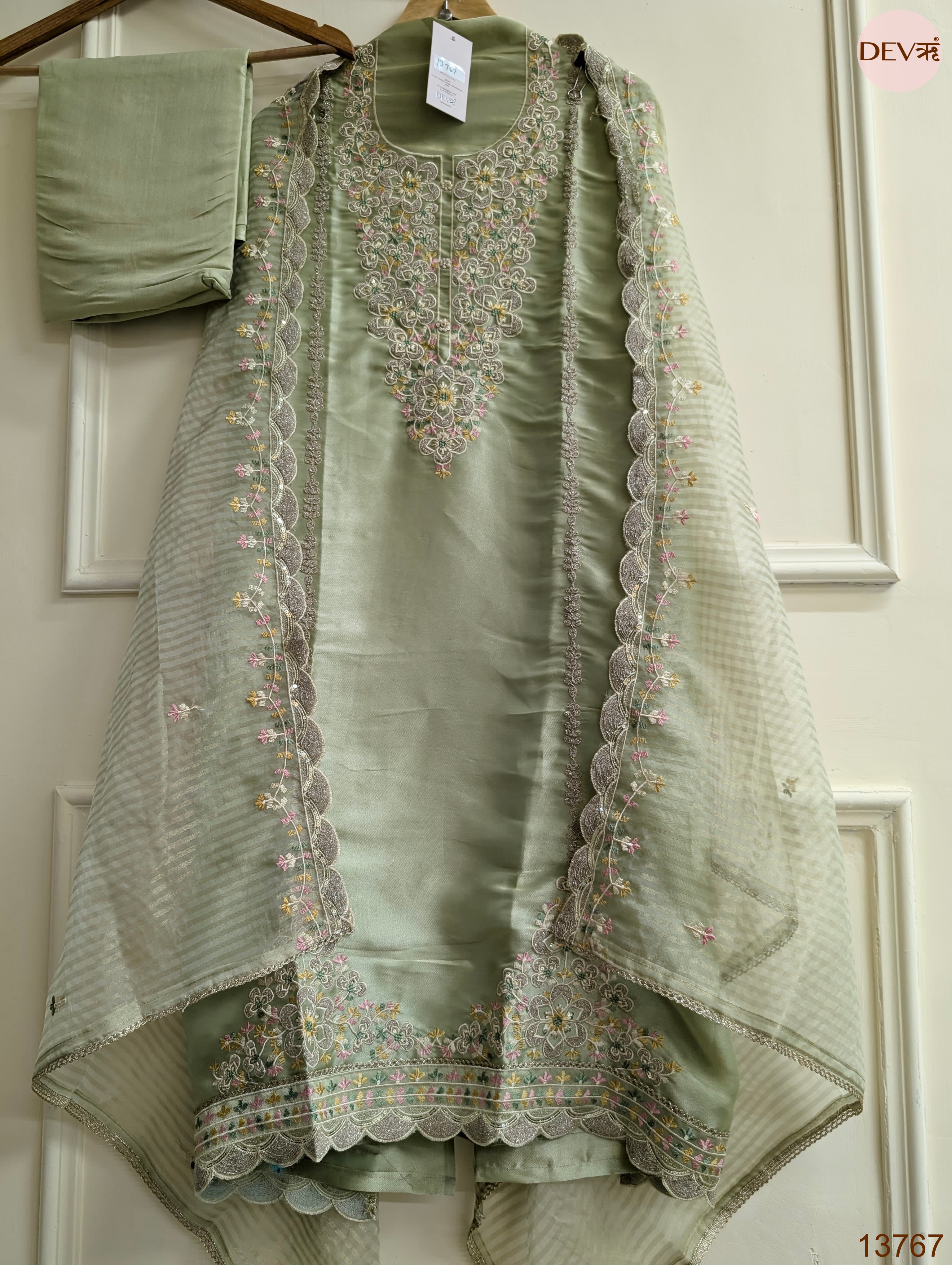 Sage Tissue Silk Embroidered Unstitched 3-Piece Suit (Devri – D.No 13767)