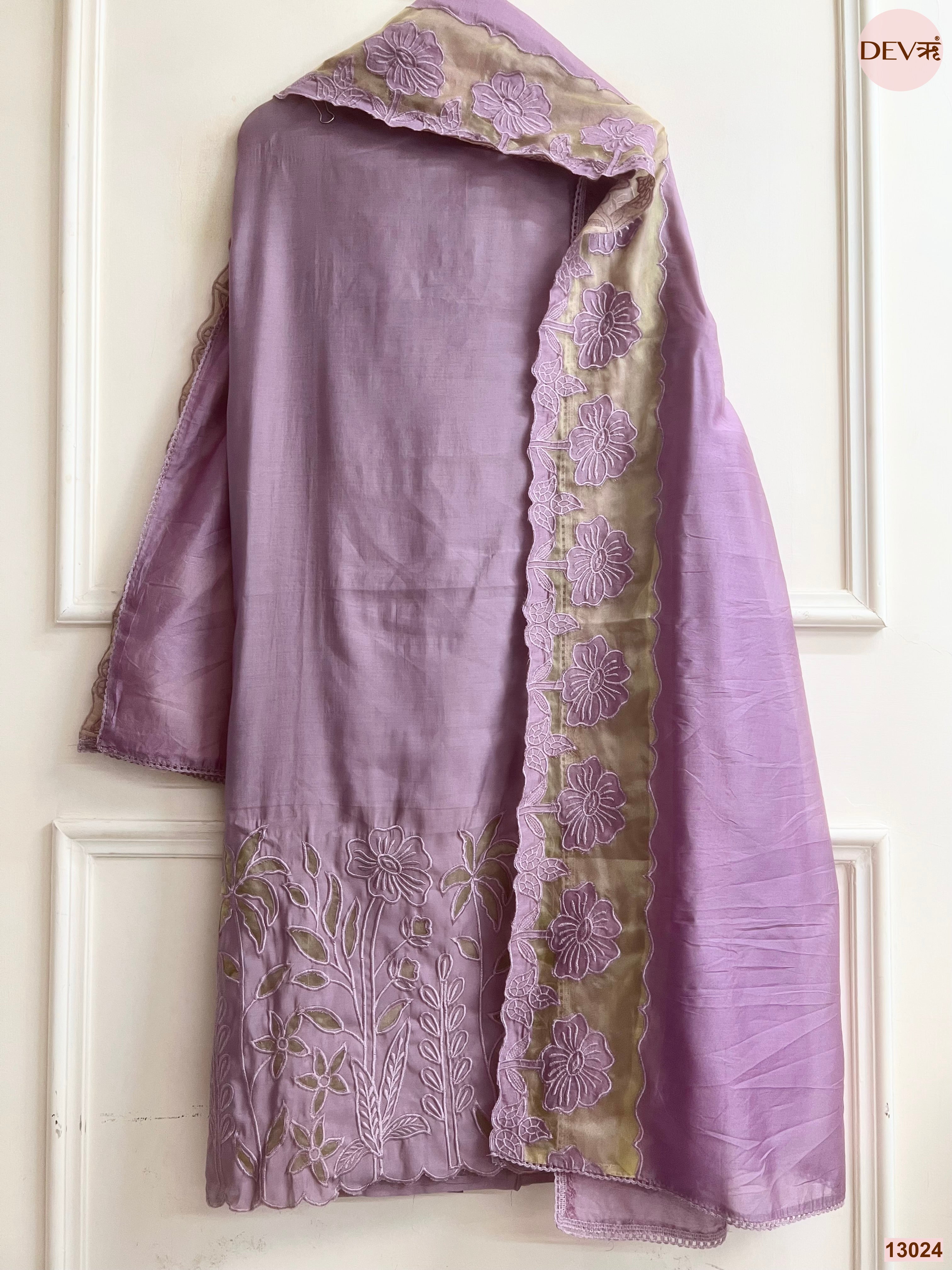 Mauve Roman Silk Embroidered Unstitched 3-Piece Suit (Devri – D.No 13024)