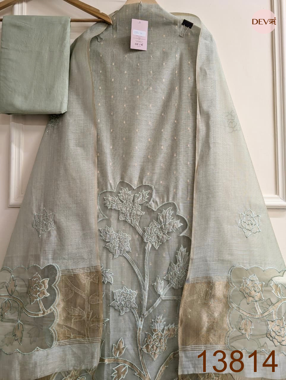 Sage Mul Chanderi Embroidered Unstitched 3-Piece Suit (Devri – D.No 13814)