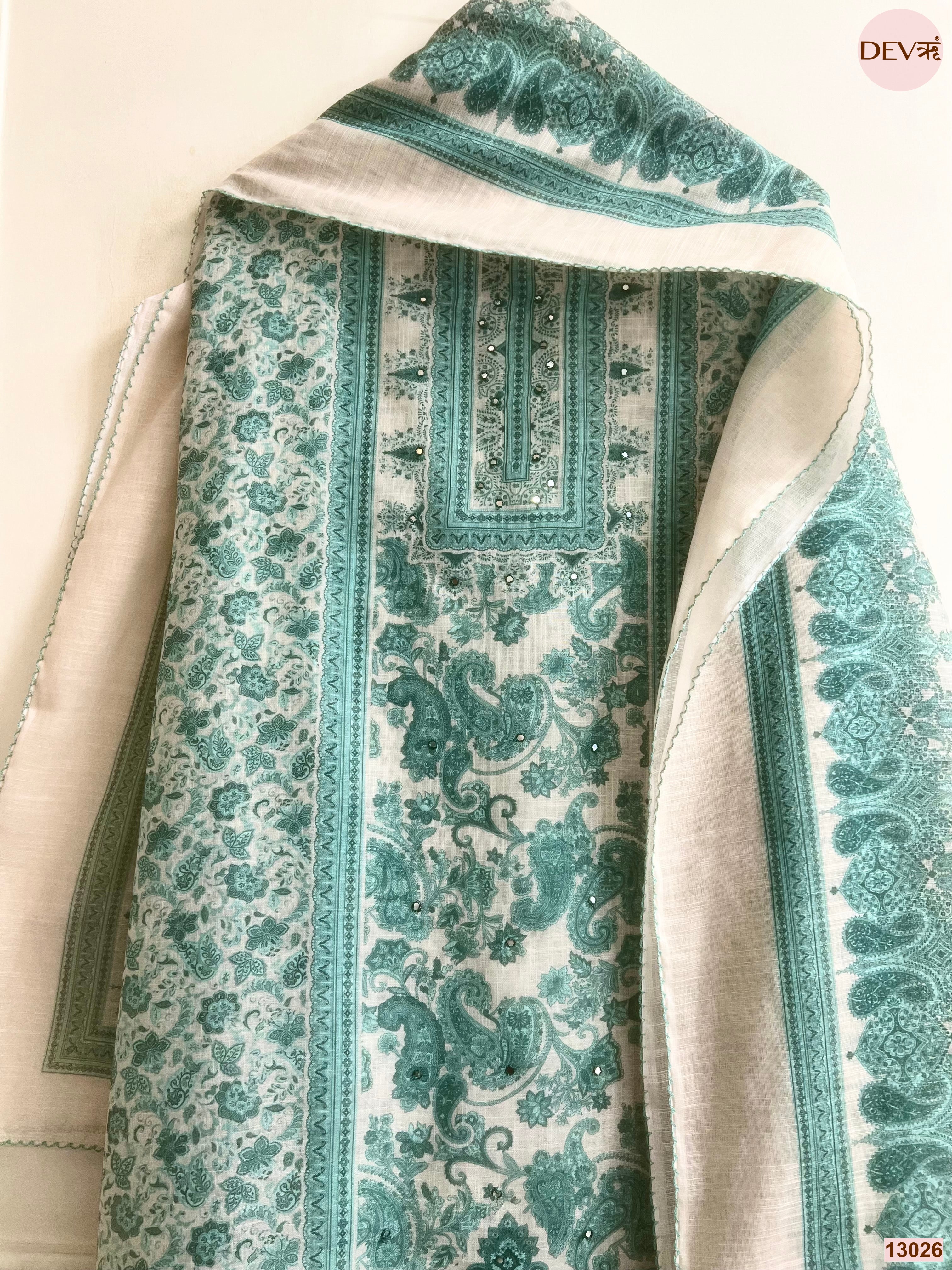 White Linen Printed Unstitched 3-Piece Suit (Devri – D.No 13026)