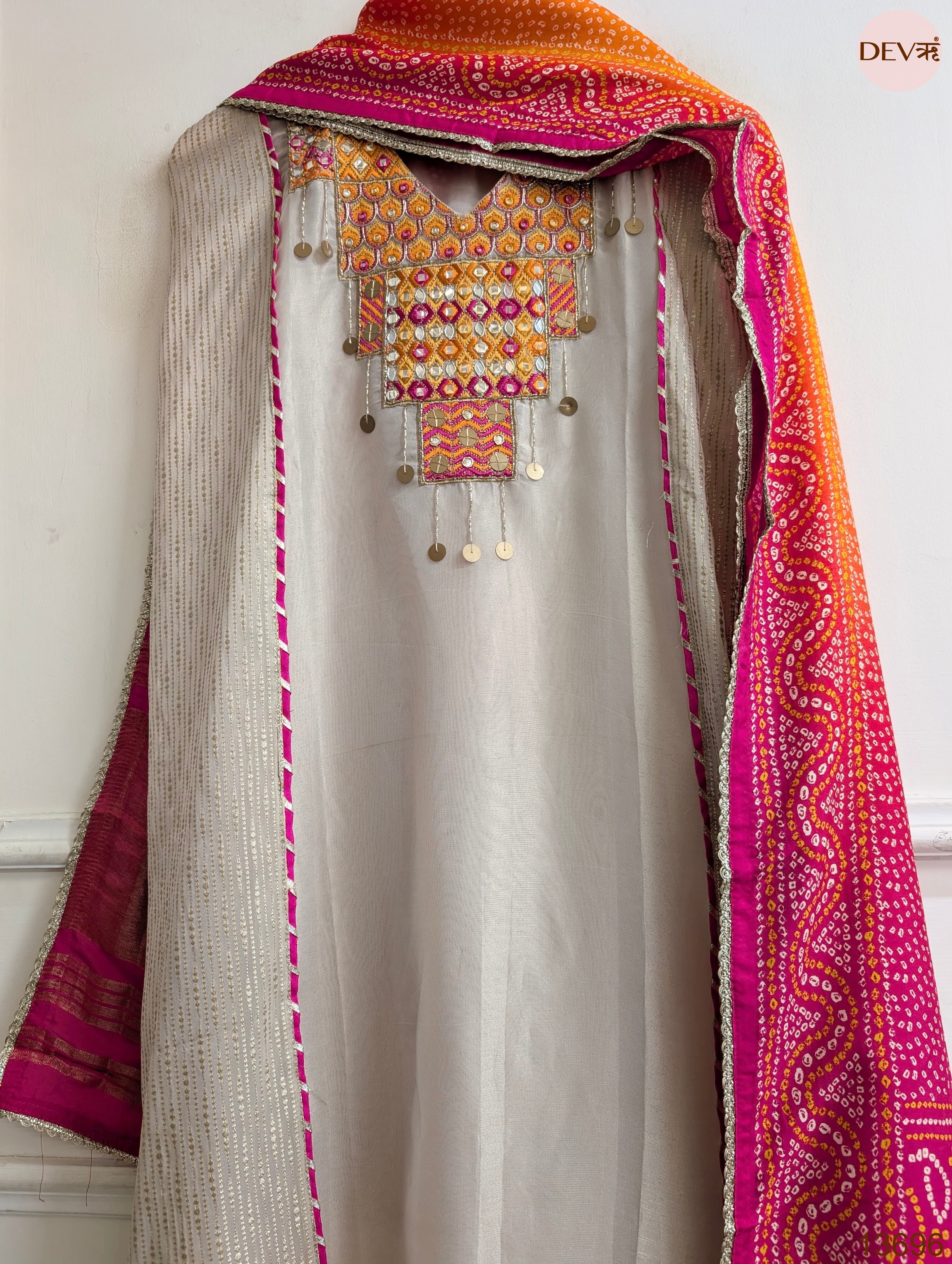 Beige Tissue Silk Hand Unstitched 3-Piece Suit (Devri – D.No 13696)