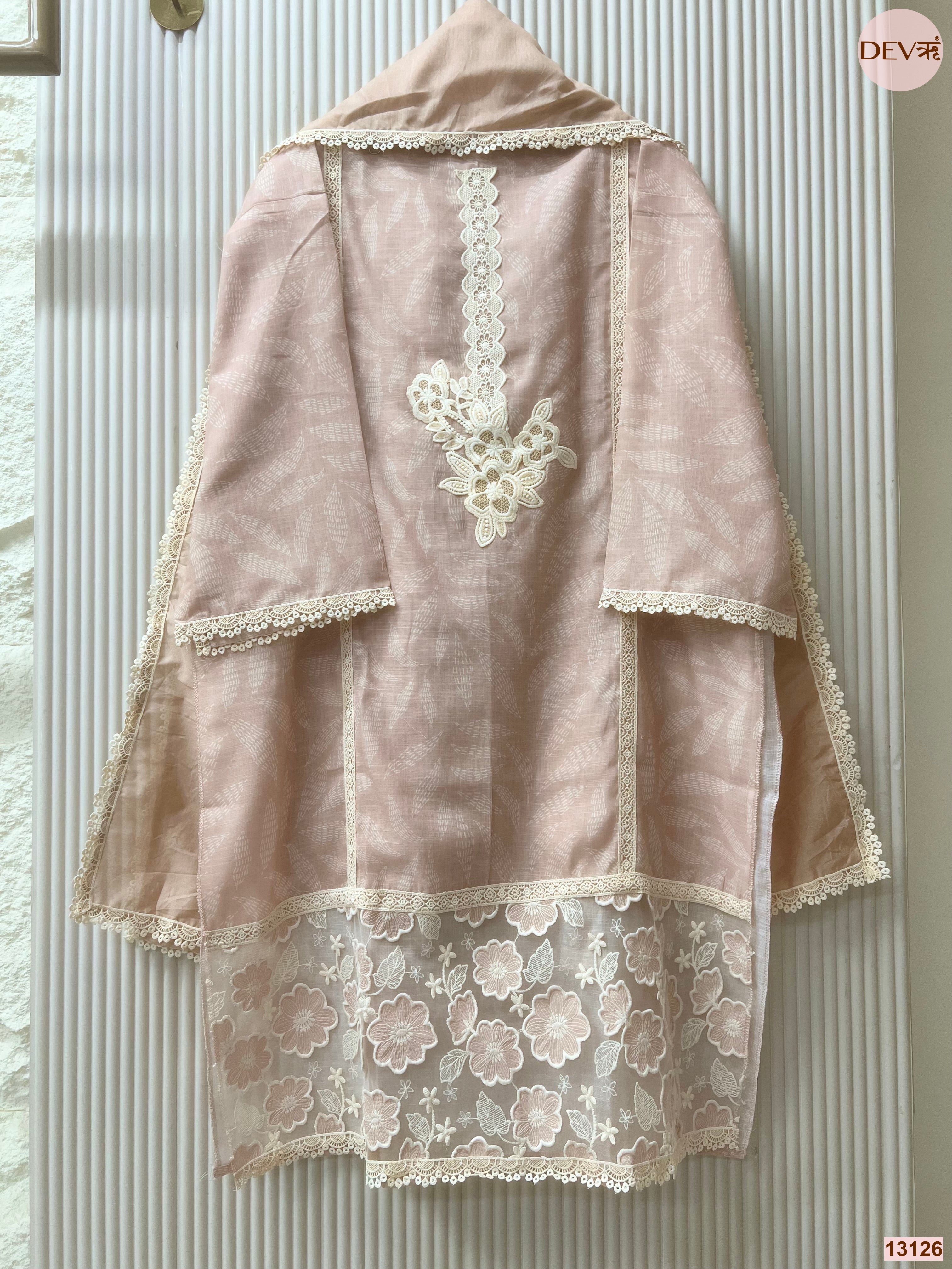 Peach Linen Cotton Embroidered Unstitched 3-Piece Suit (Devri – D.No 13126)