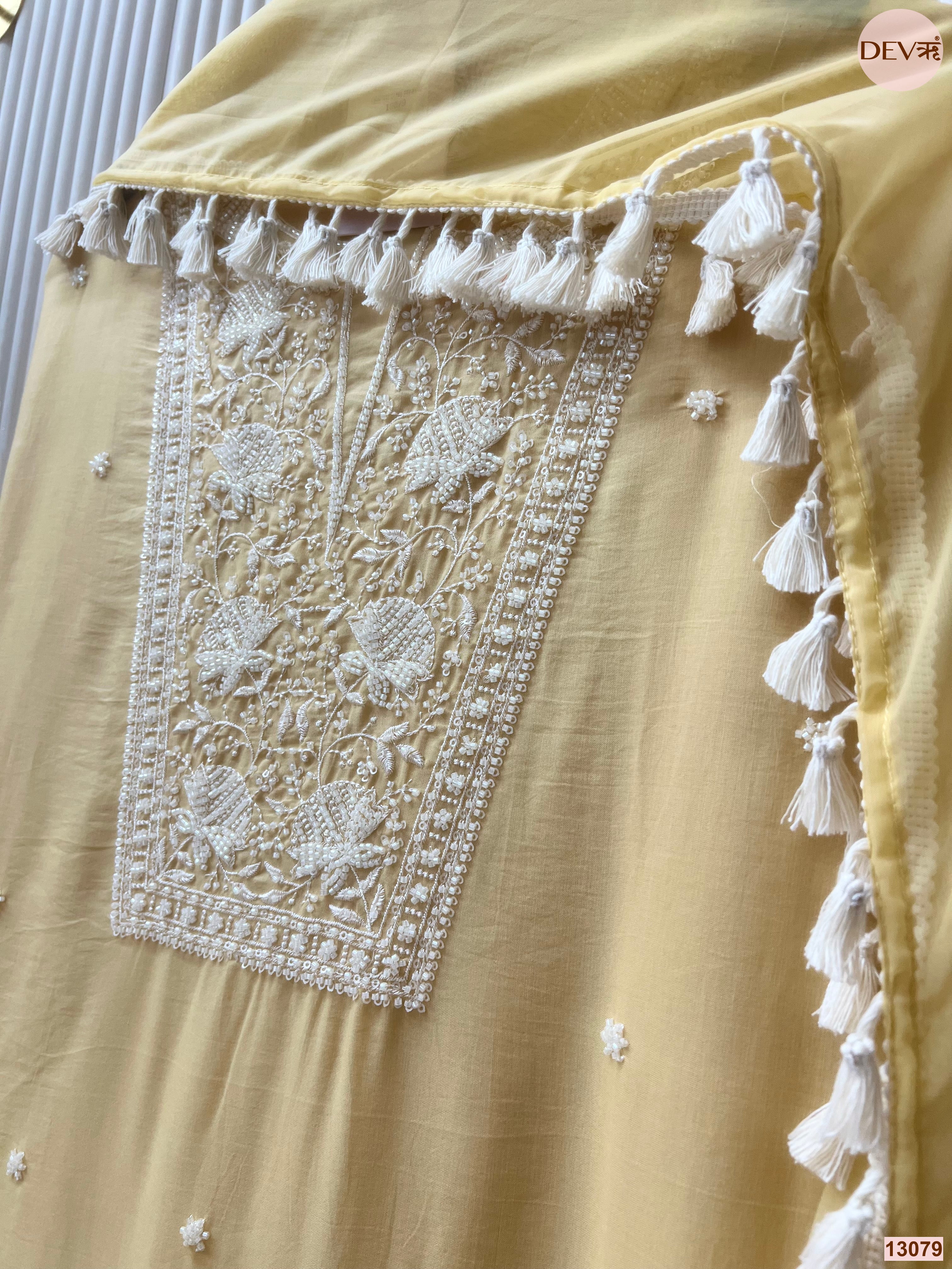 Yellow Mul Cotton Embroidered Unstitched 3-Piece Suit (Devri – D.No 13079)