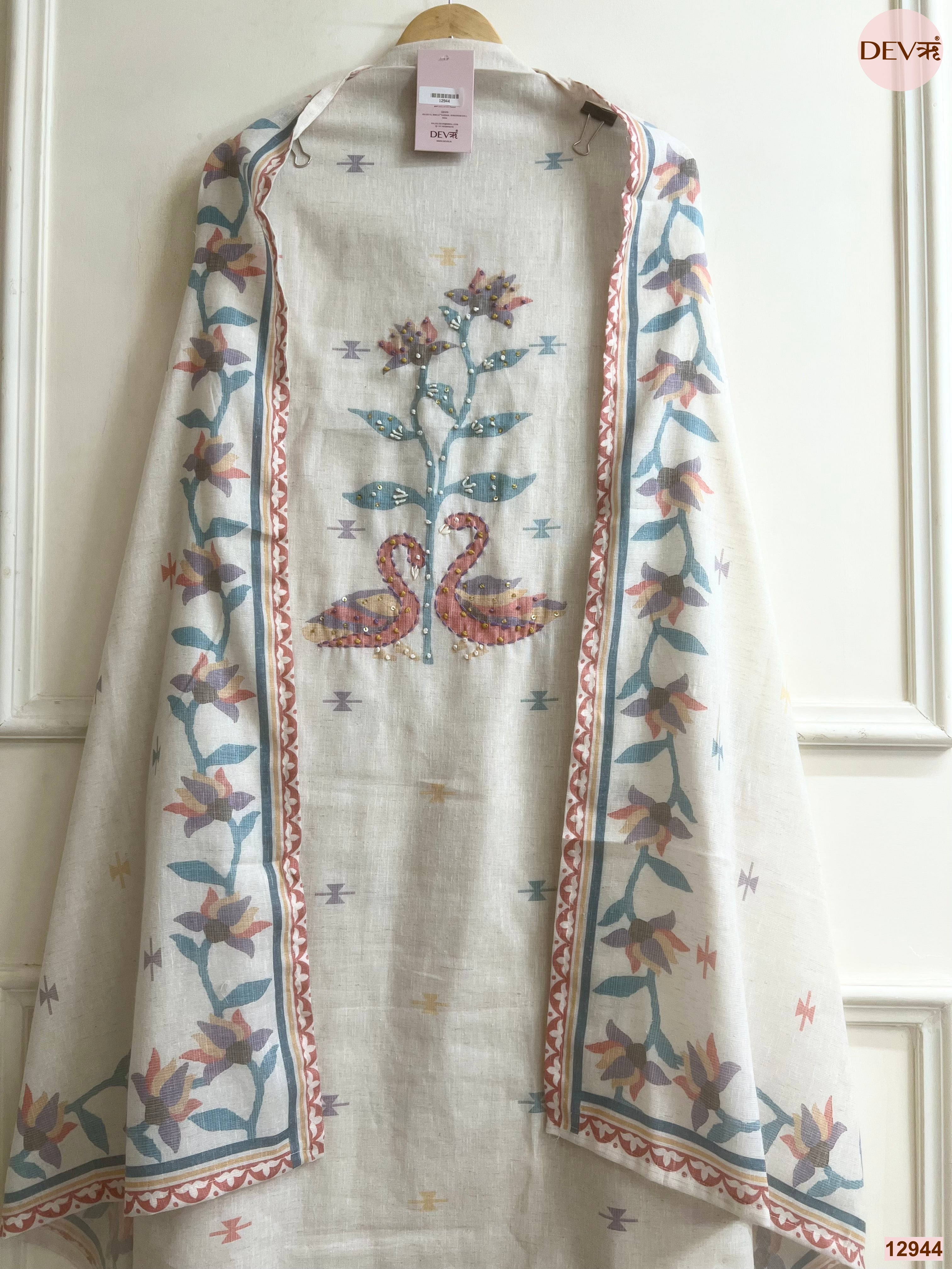 Off White Cotton Khadi Printed Unstitched 3-Piece Suit (Devri – D.No 12944)