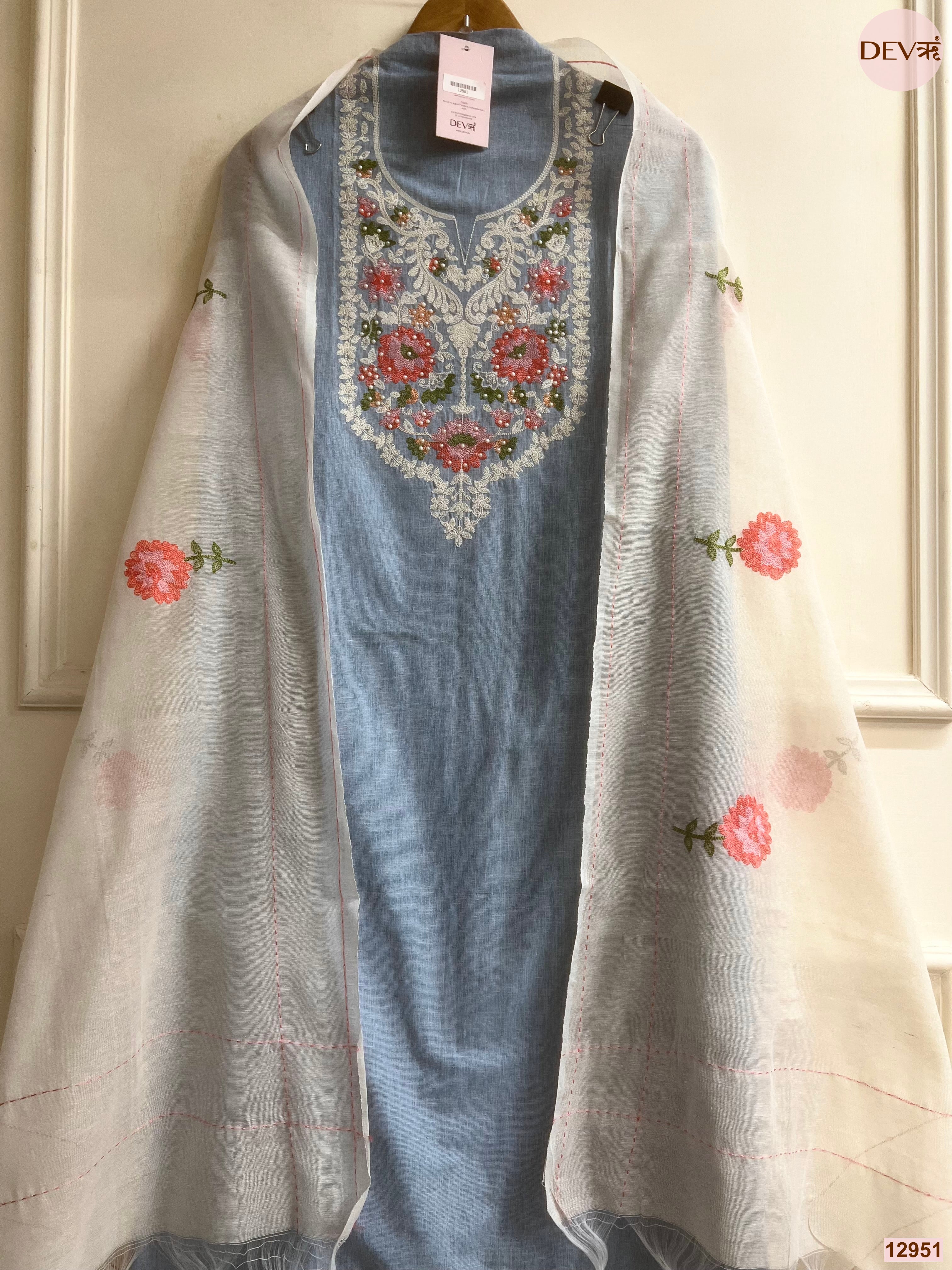 Blue Cotton Handloom Embroidered Unstitched 3-Piece Suit (Devri – D.No 12951)