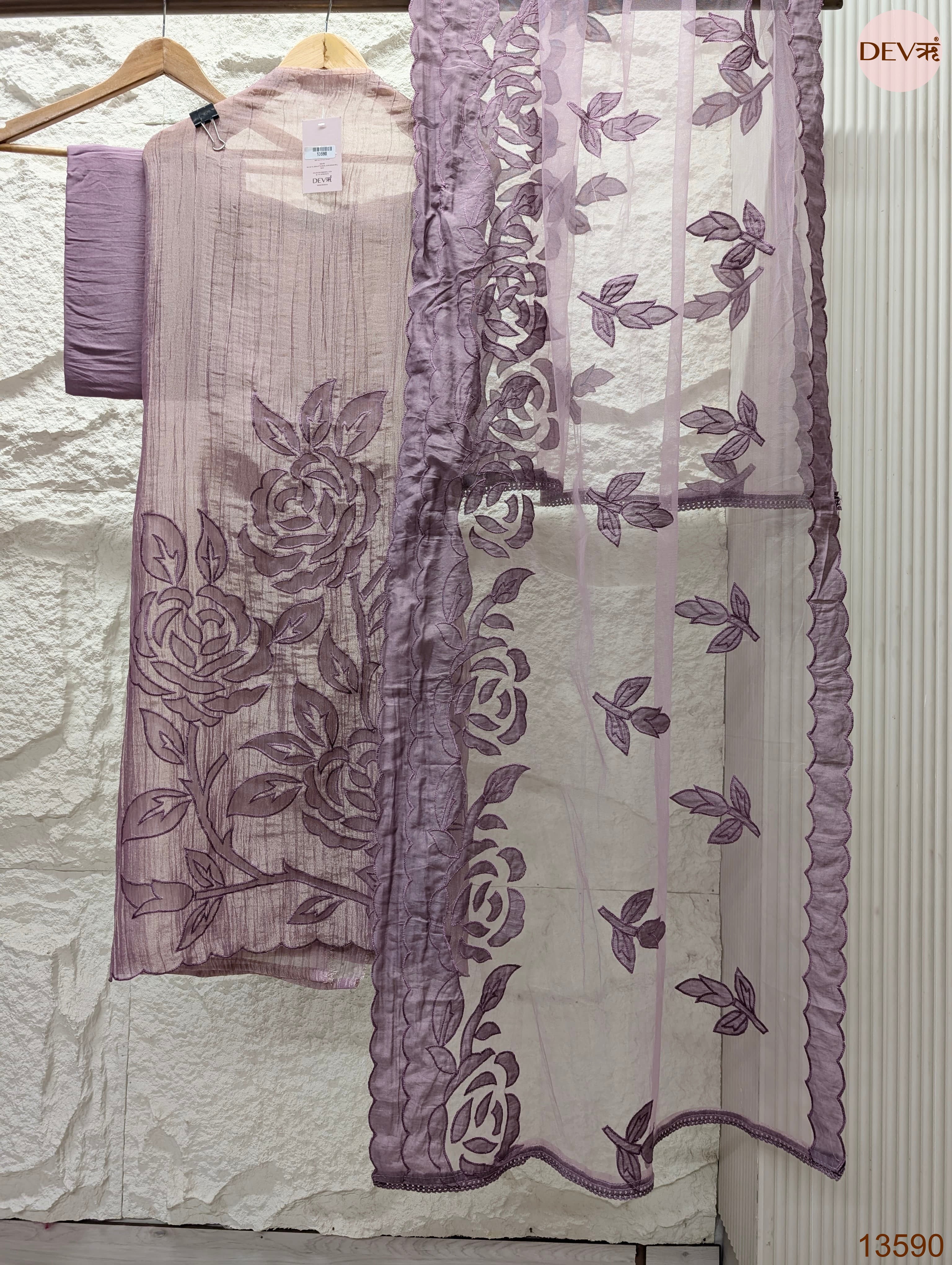 Purple Tissue Crush Silk Embroidered Unstitched 3-Piece Suit (Devri – D.No 13590)