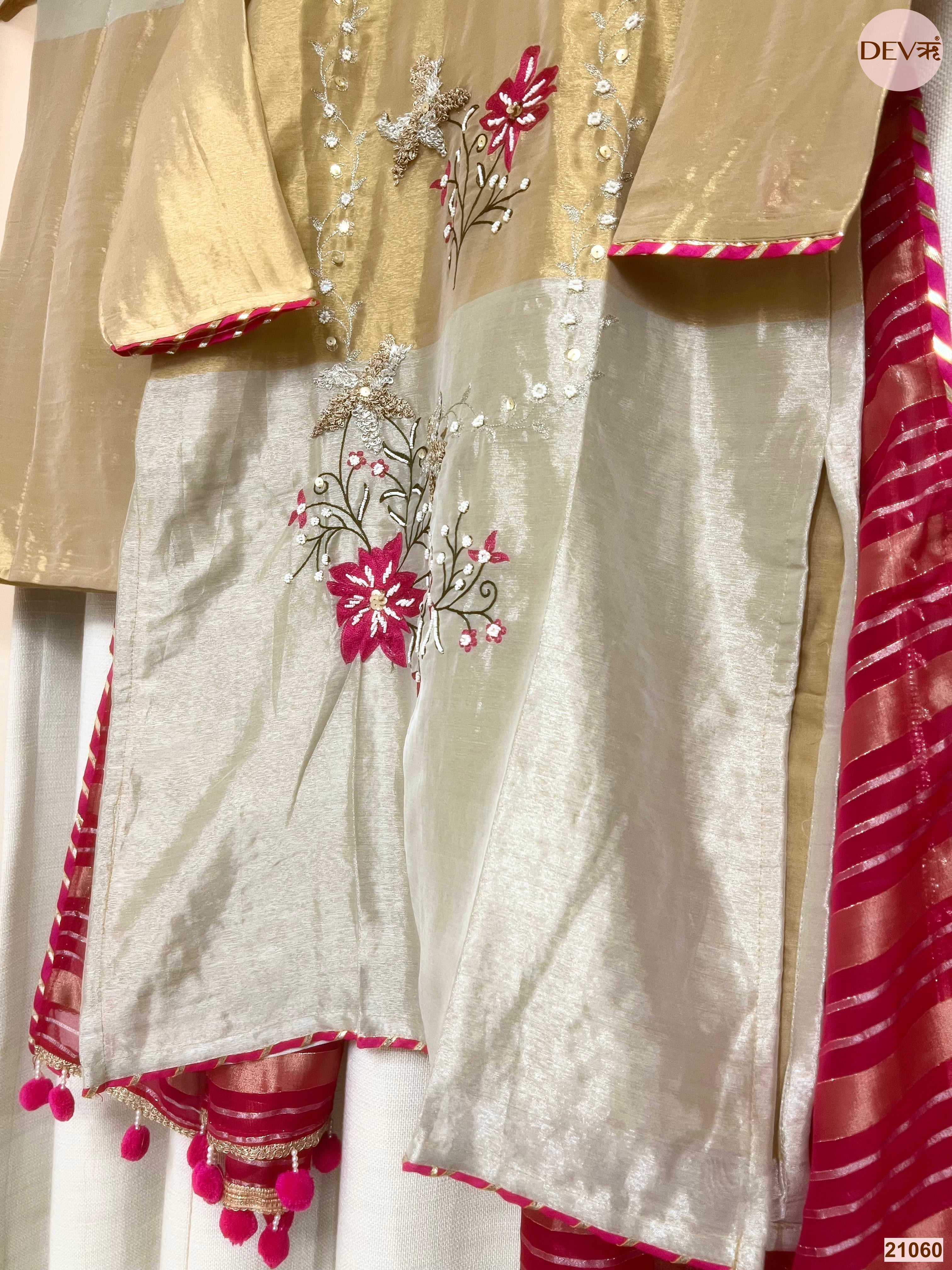 Ruhani Tissue Silk Embroidered Beige 3-Piece Set (Devri – D.No 21060)