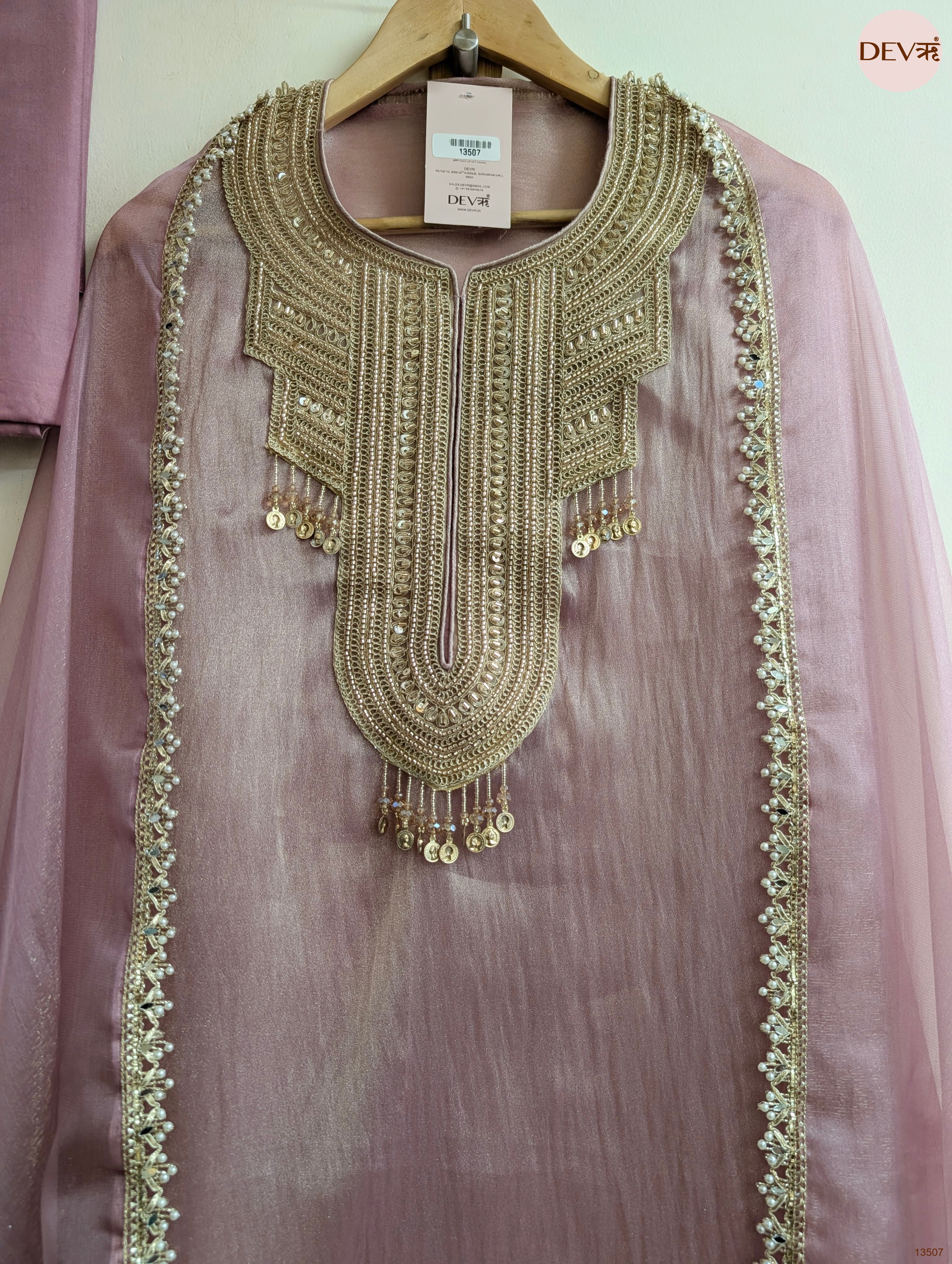 Pink Tissue Silk Hand Unstitched 3-Piece Suit (Devri – D.No 13507)