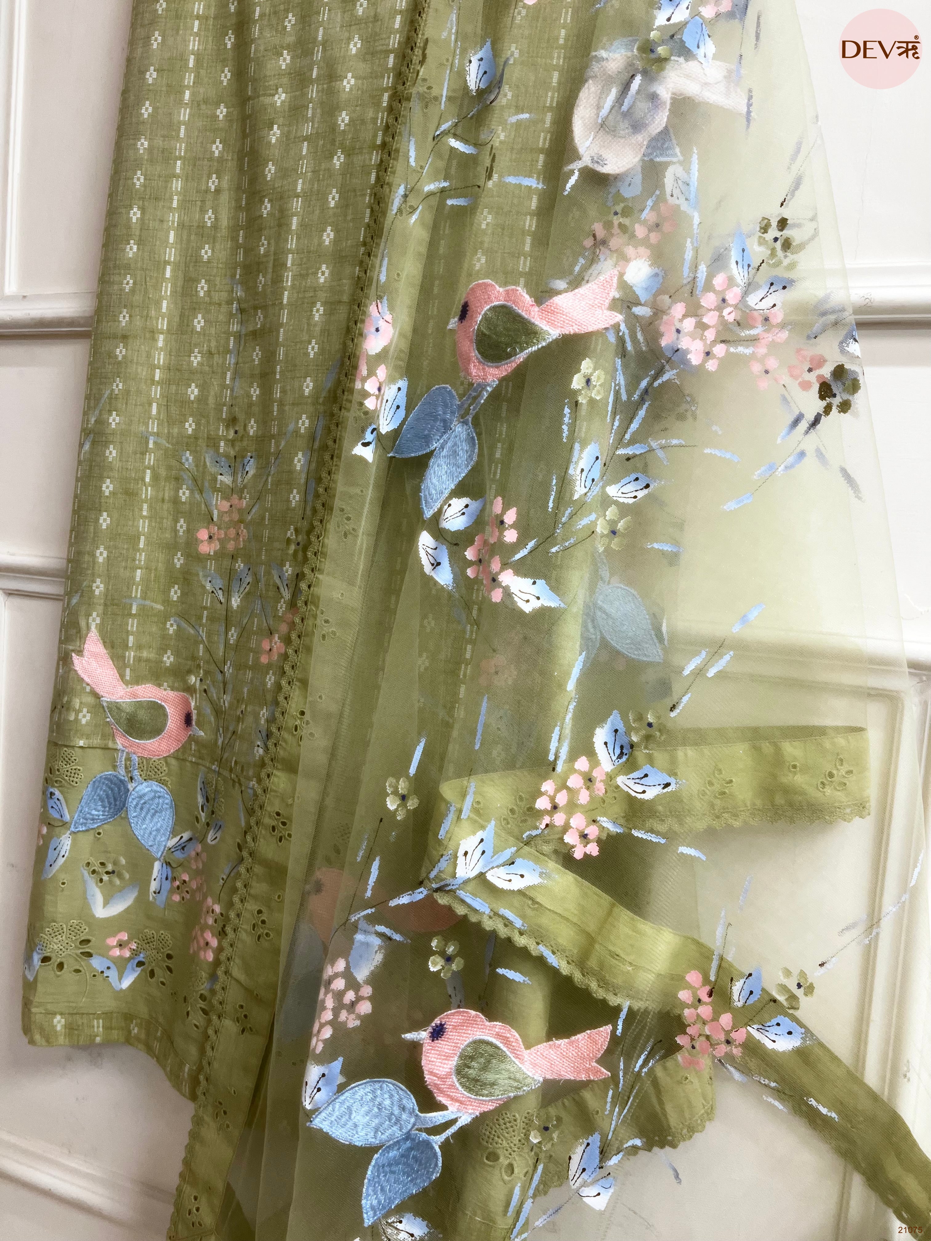Olive Pure Cotton Printed Unstitched 3-Piece Suit (Devri – D.No 21075)