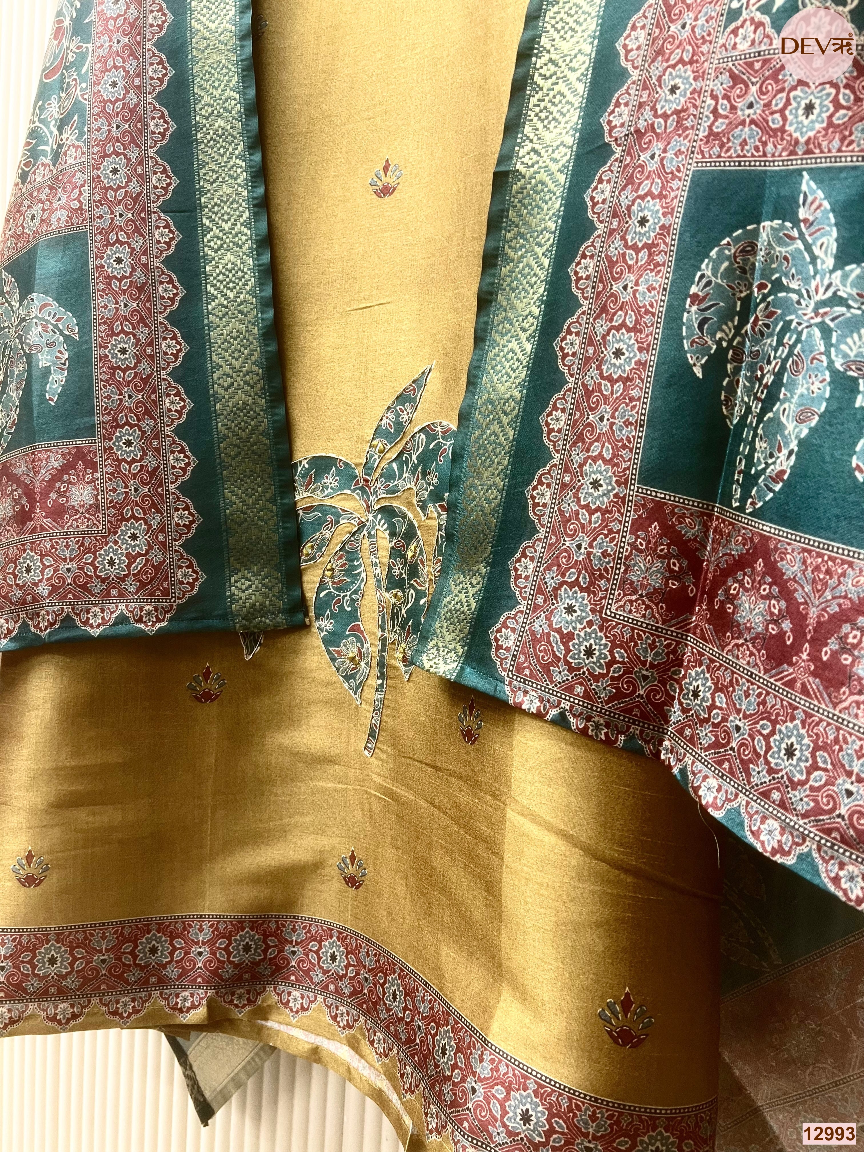 Mustard Raw Silk Printed Unstitched 3-Piece Suit (Devri – D.No 12993)