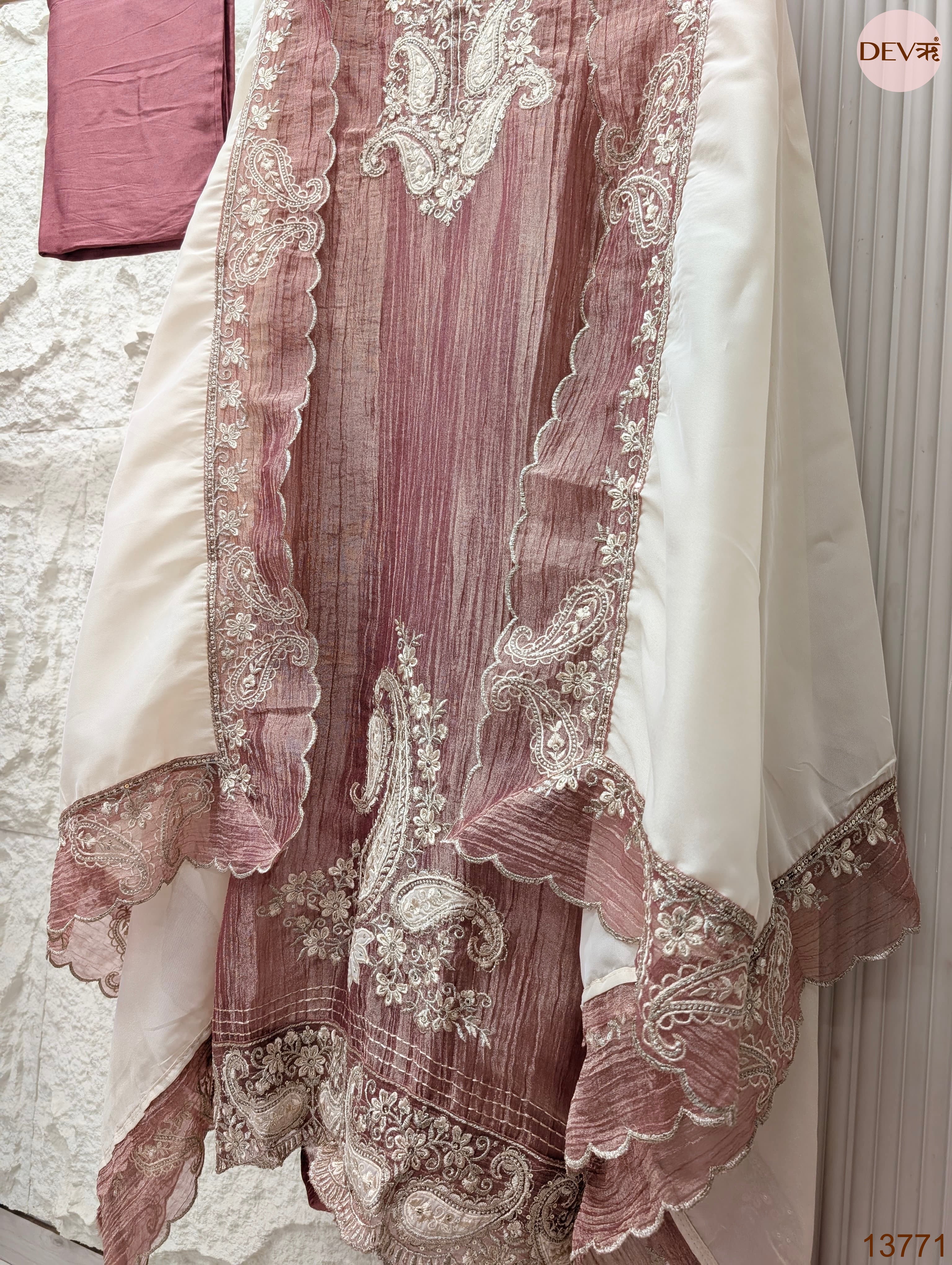 Mauve Pure Tissue Silk Embroidered Unstitched 3-Piece Suit (Devri – D.No 13771)