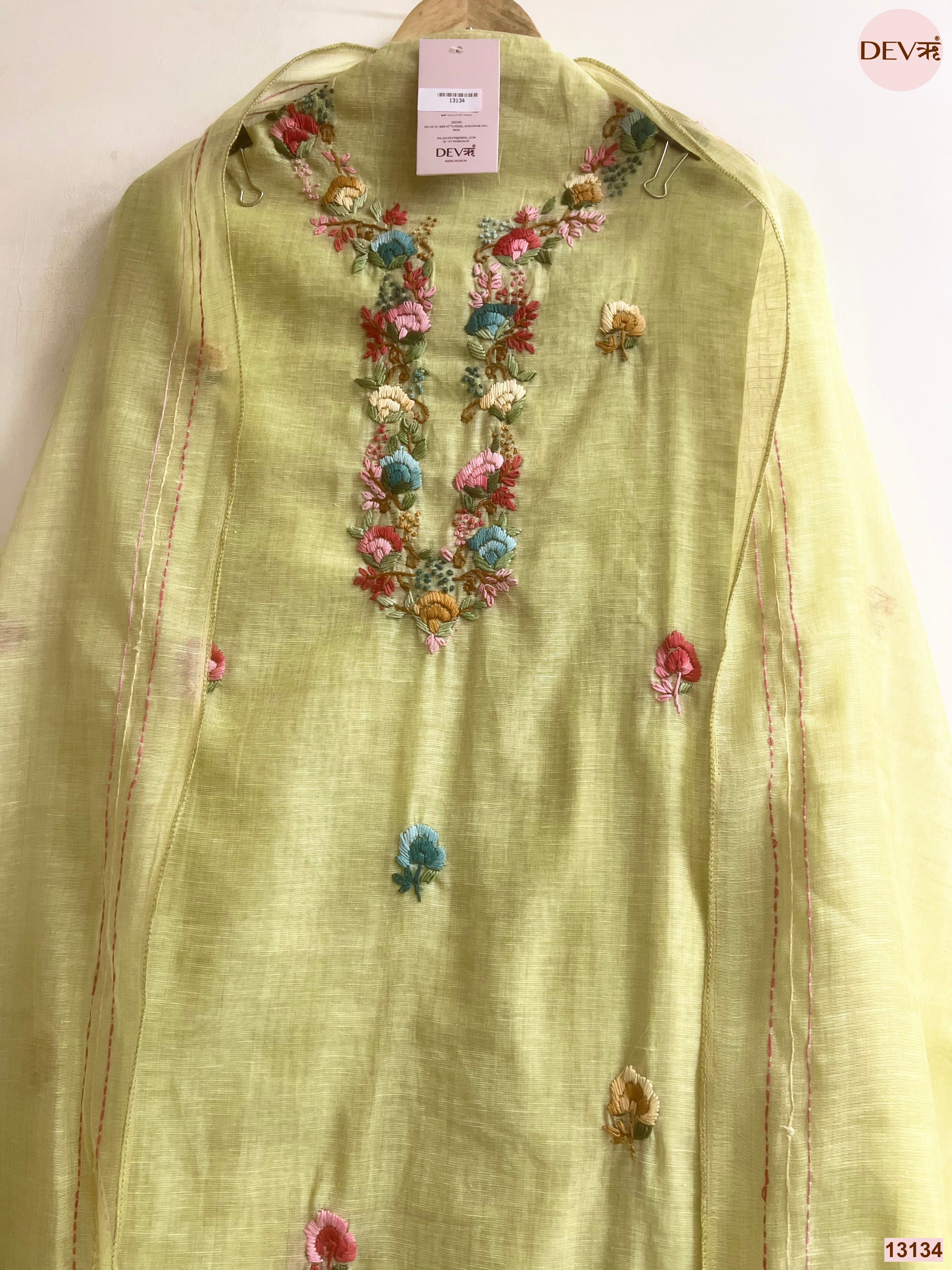 Lime Jamdani Cotton Embroidered Unstitched 3-Piece Suit (Devri – D.No 13134)