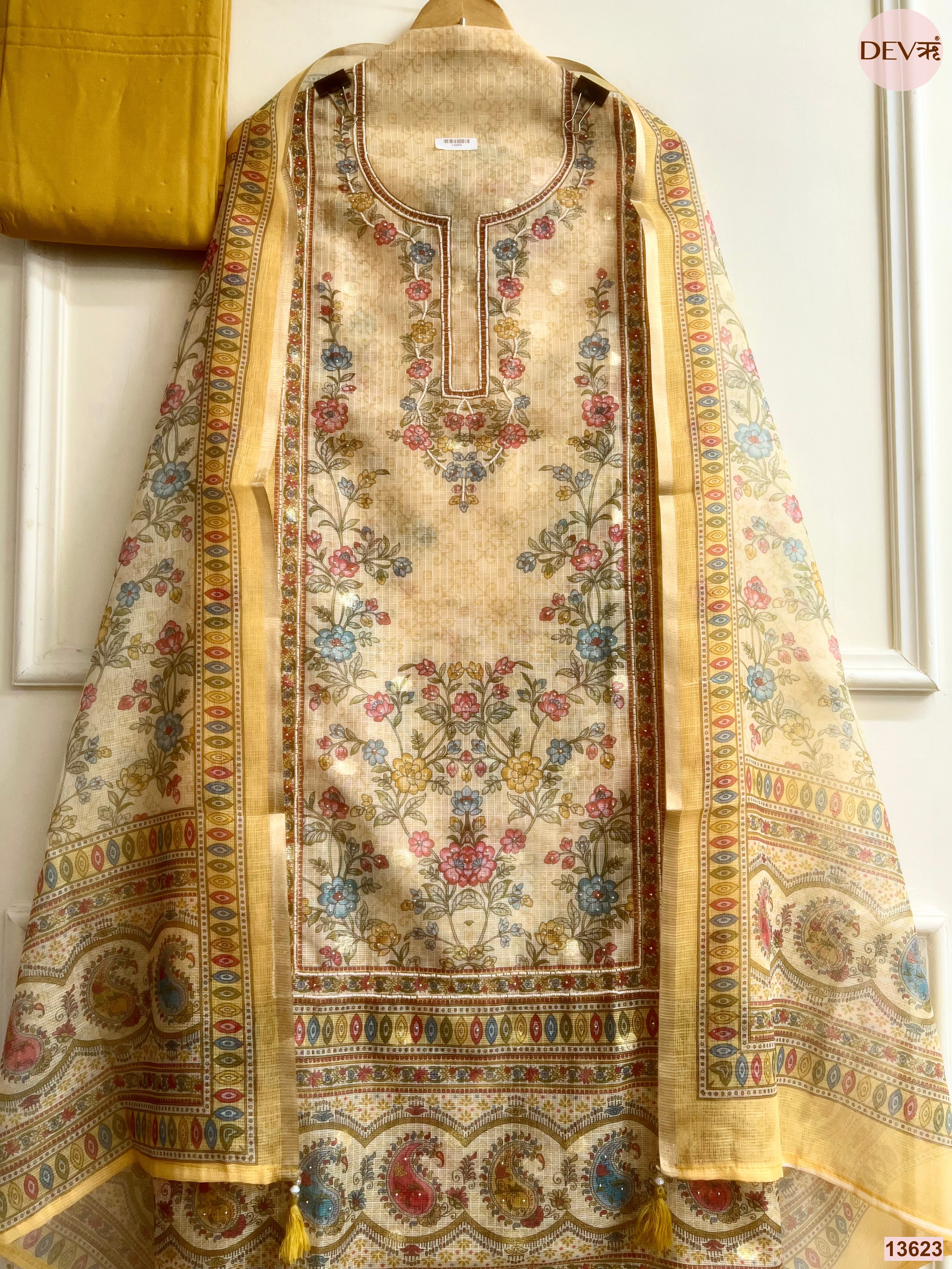 Beige Kota Zari Printed Unstitched 3-Piece Suit (Devri – D.No 13623)