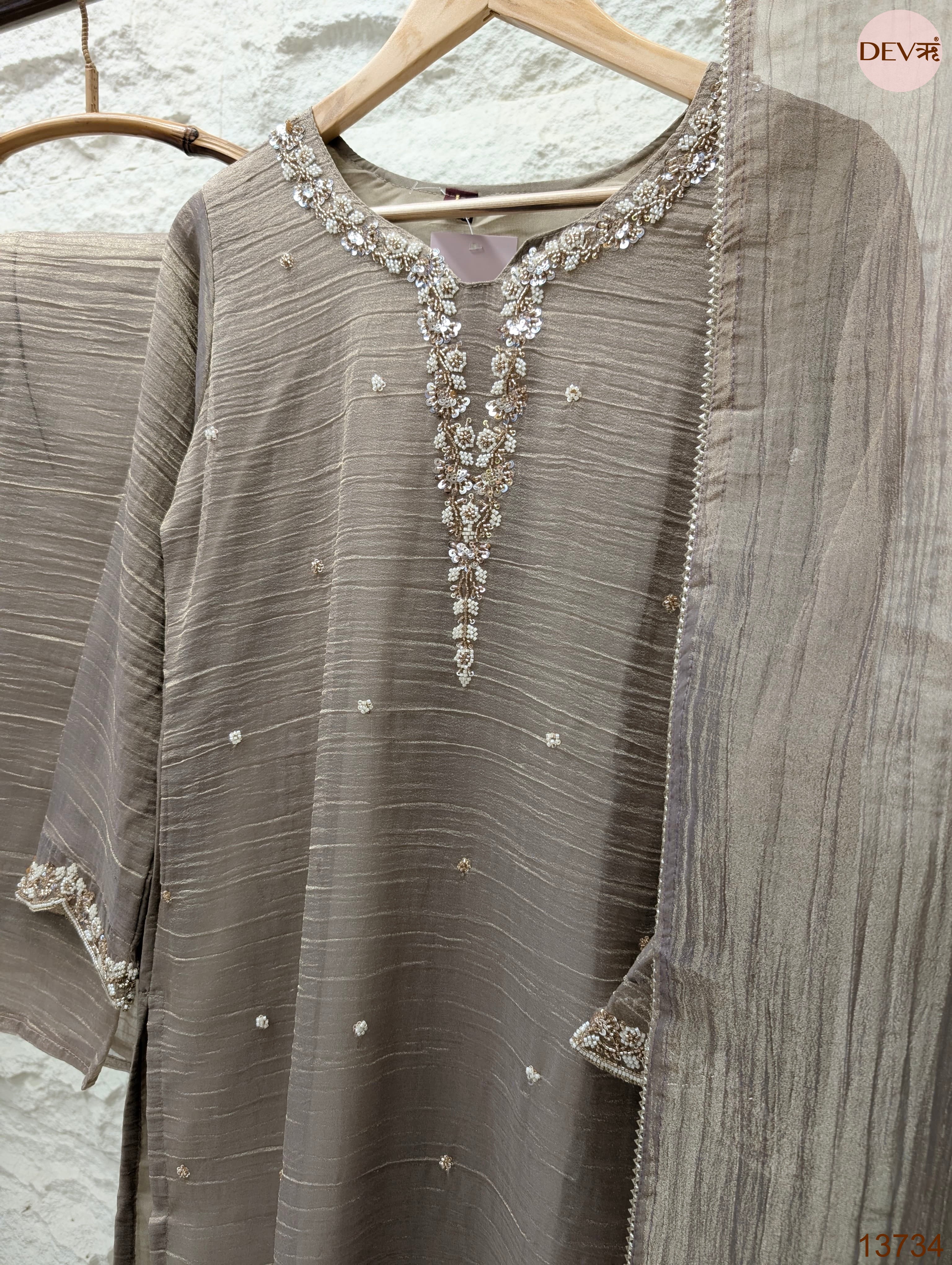 Zareen Tissue crush silk Embroidered Taupe 3-Piece Set (Devri – D.No 13734)
