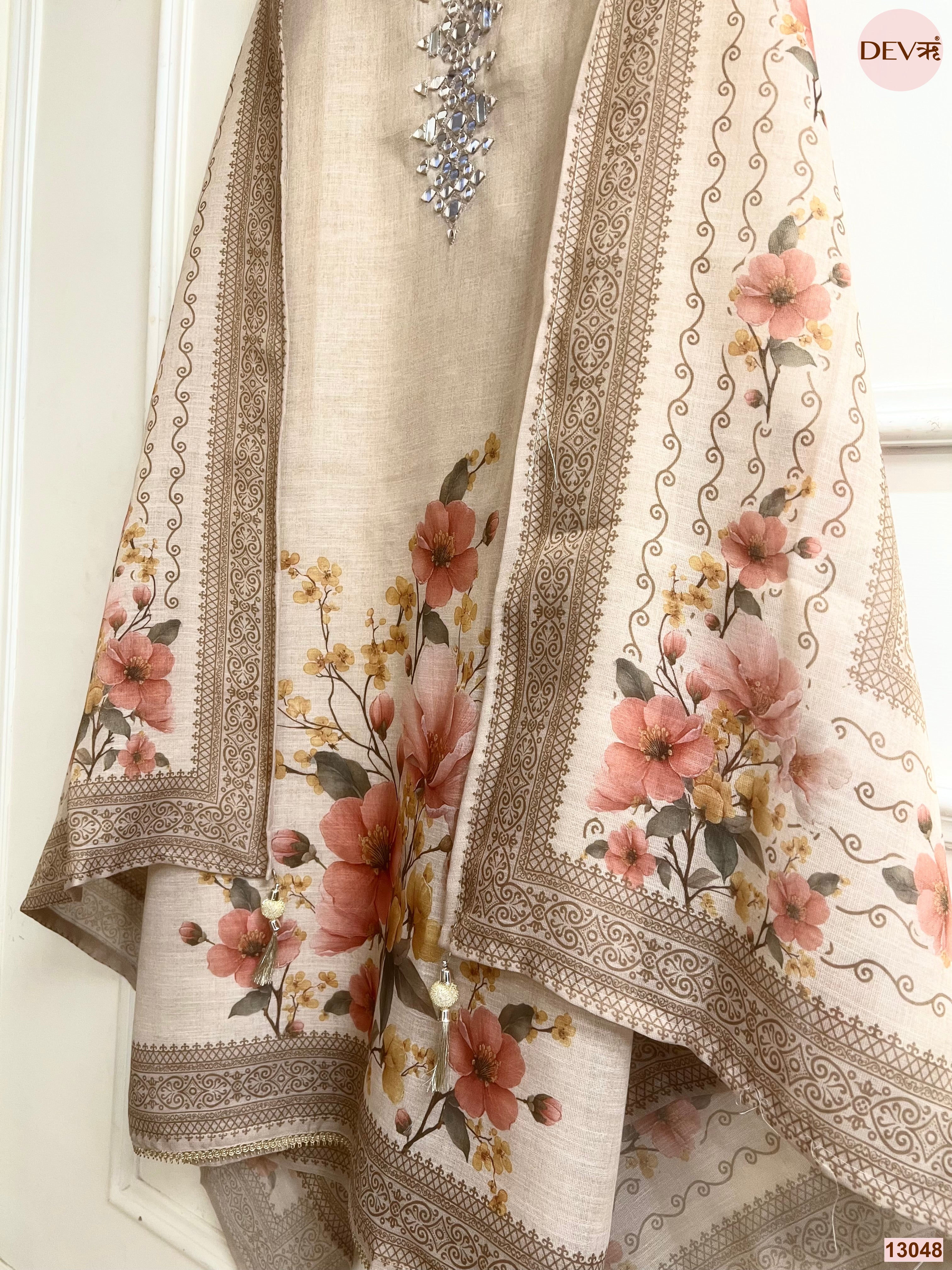 Beige Linen Printed Unstitched 3-Piece Suit (Devri – D.No 13048)