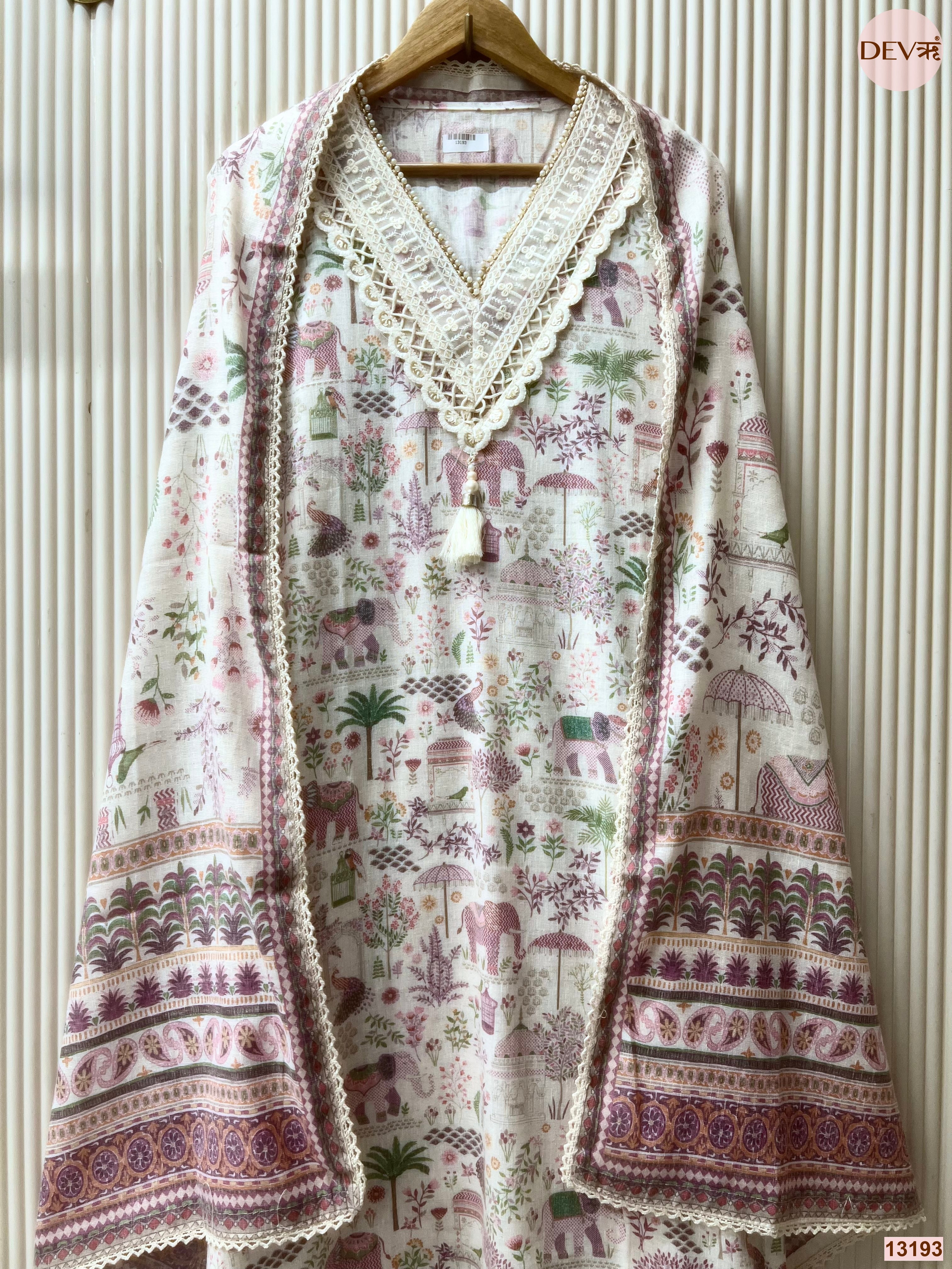 White Cotton Printed Unstitched 3-Piece Suit (Devri – D.No 13193)