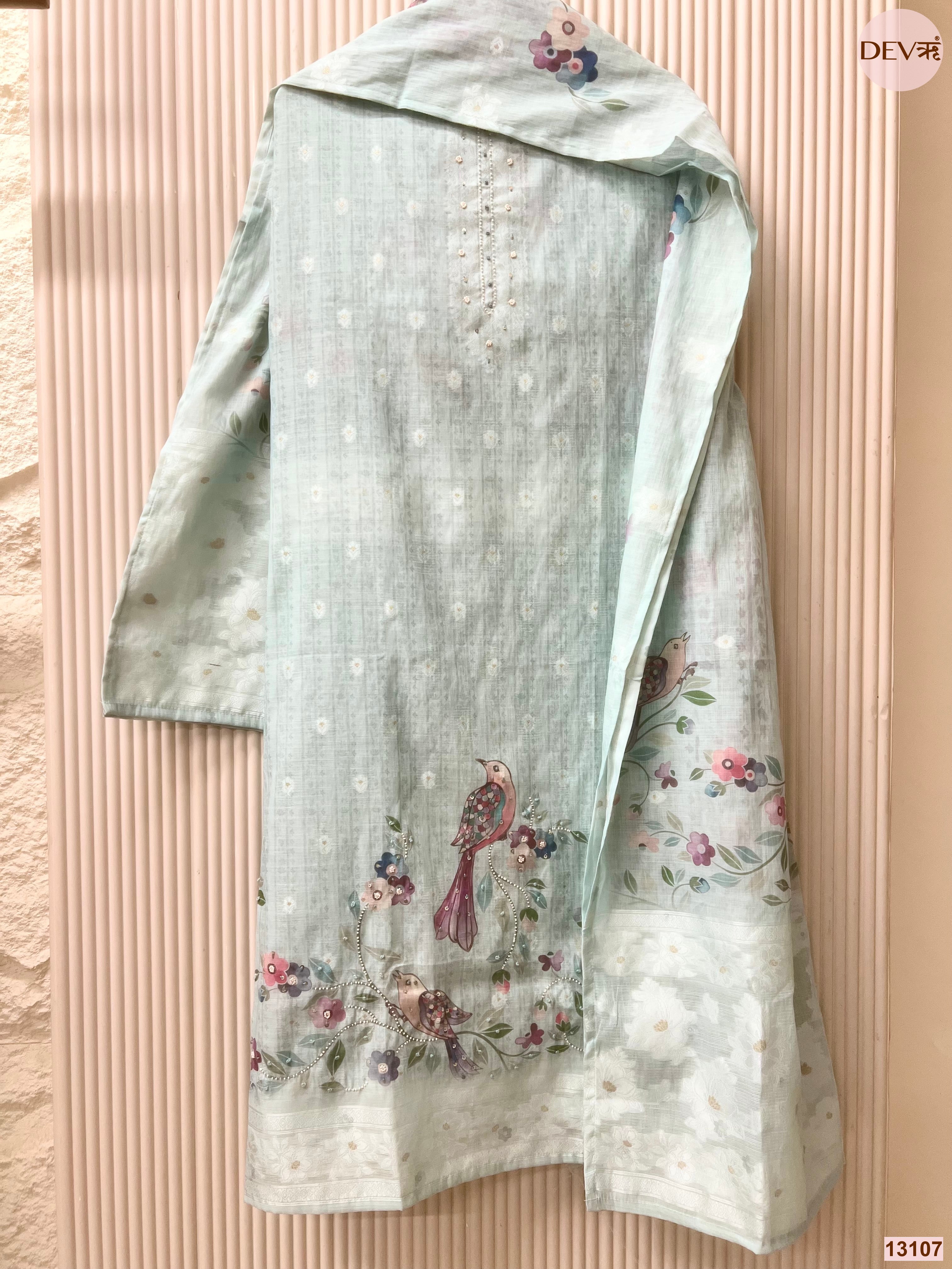 Aqua Linen Cotton Printed Unstitched 3-Piece Suit (Devri – D.No 13107)