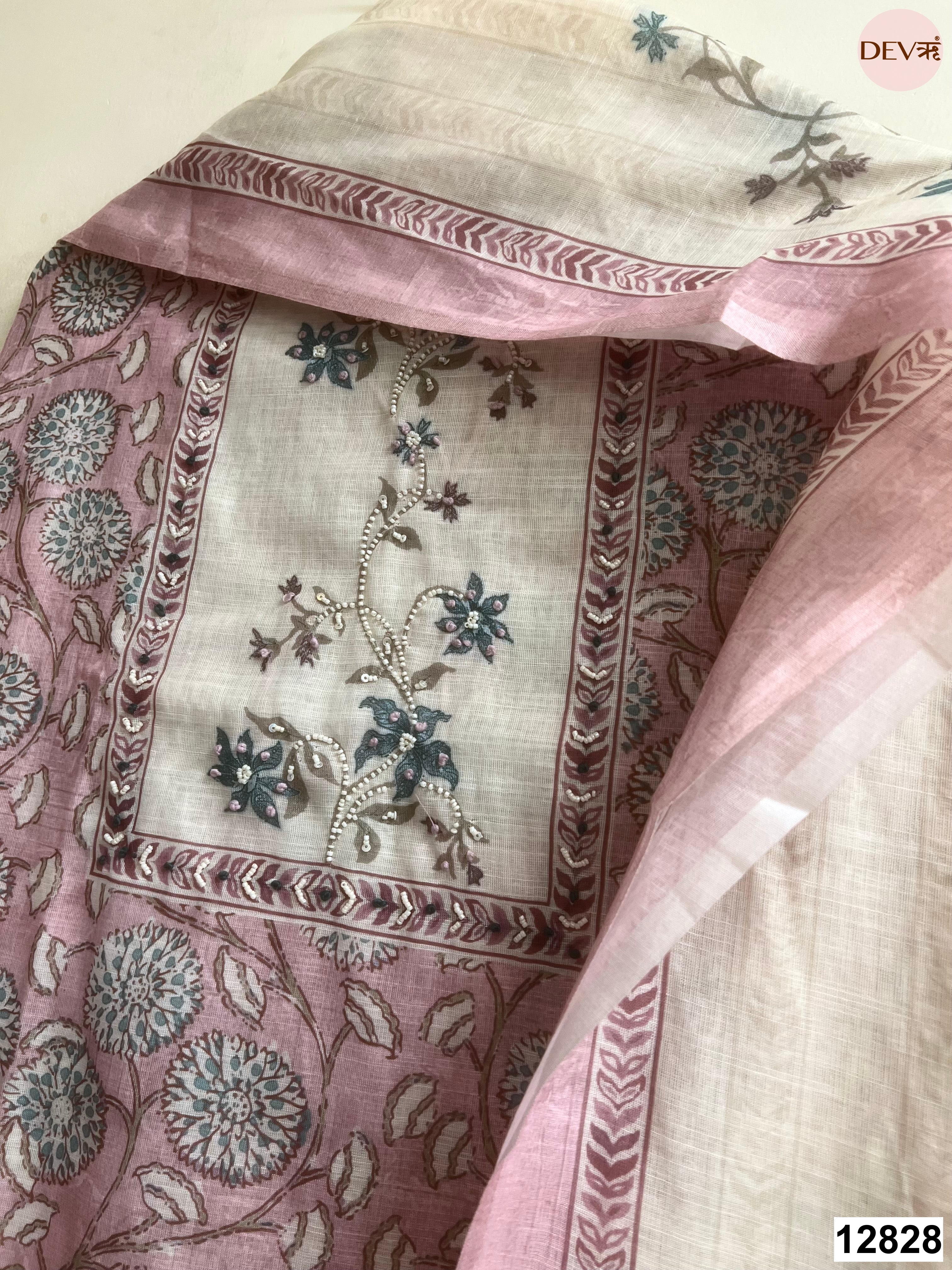 Pink Linen Cotton Printed Unstitched 3-Piece Suit (Devri – D.No 12828)