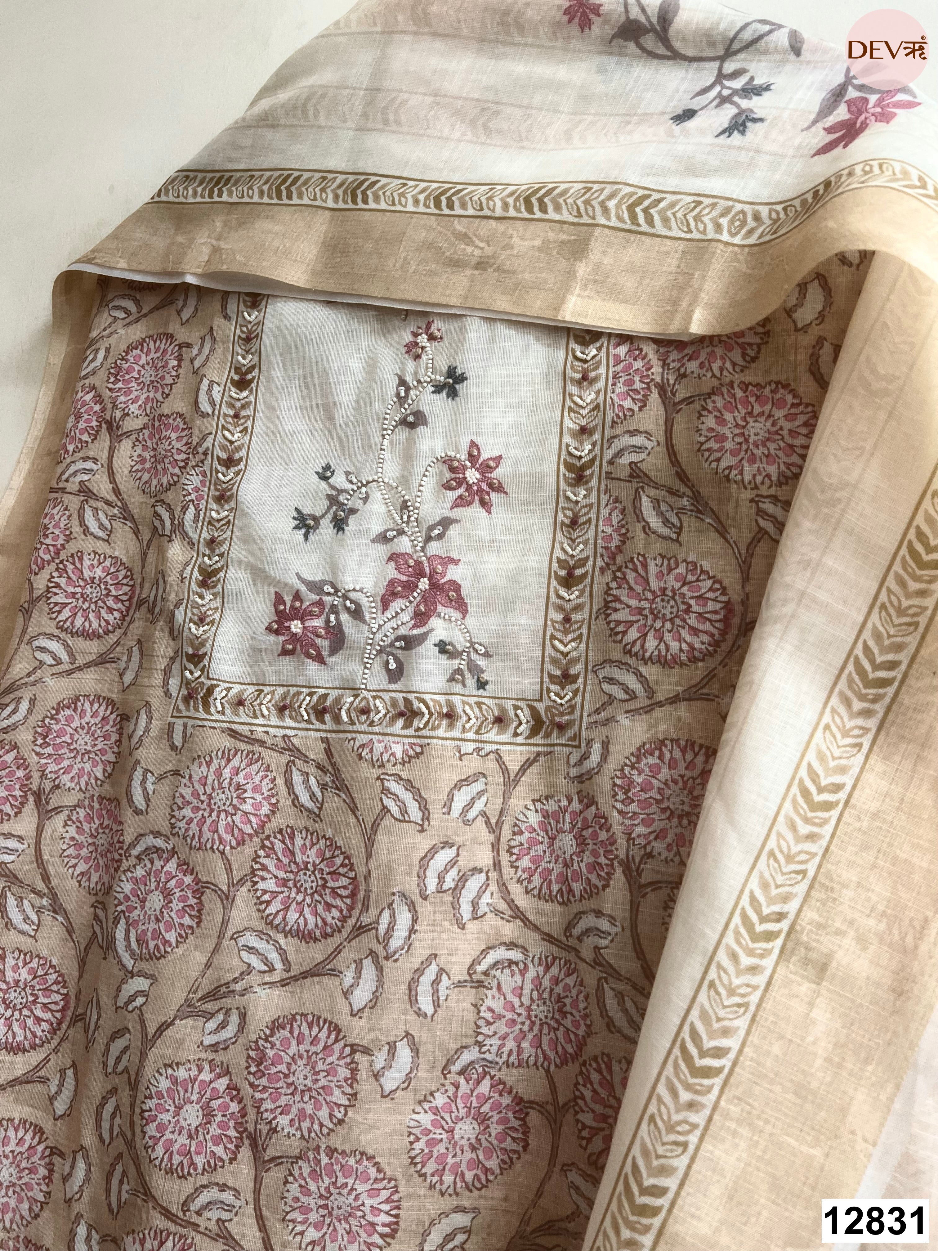 Beige Linen Cotton Printed Unstitched 3-Piece Suit (Devri – D.No 12831)