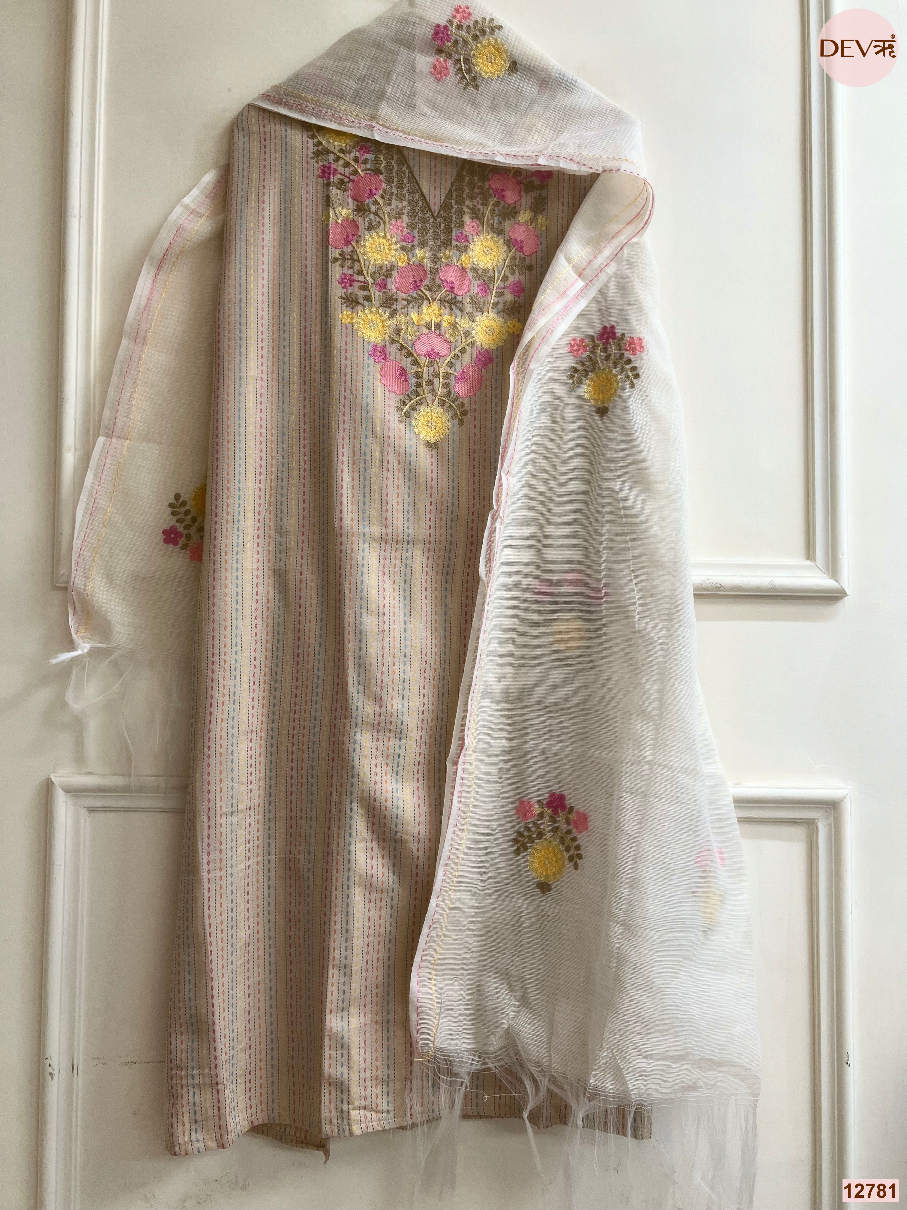 Cream Cotton Handloom Embroidered Unstitched 3-Piece Suit (Devri – D.No 12781)