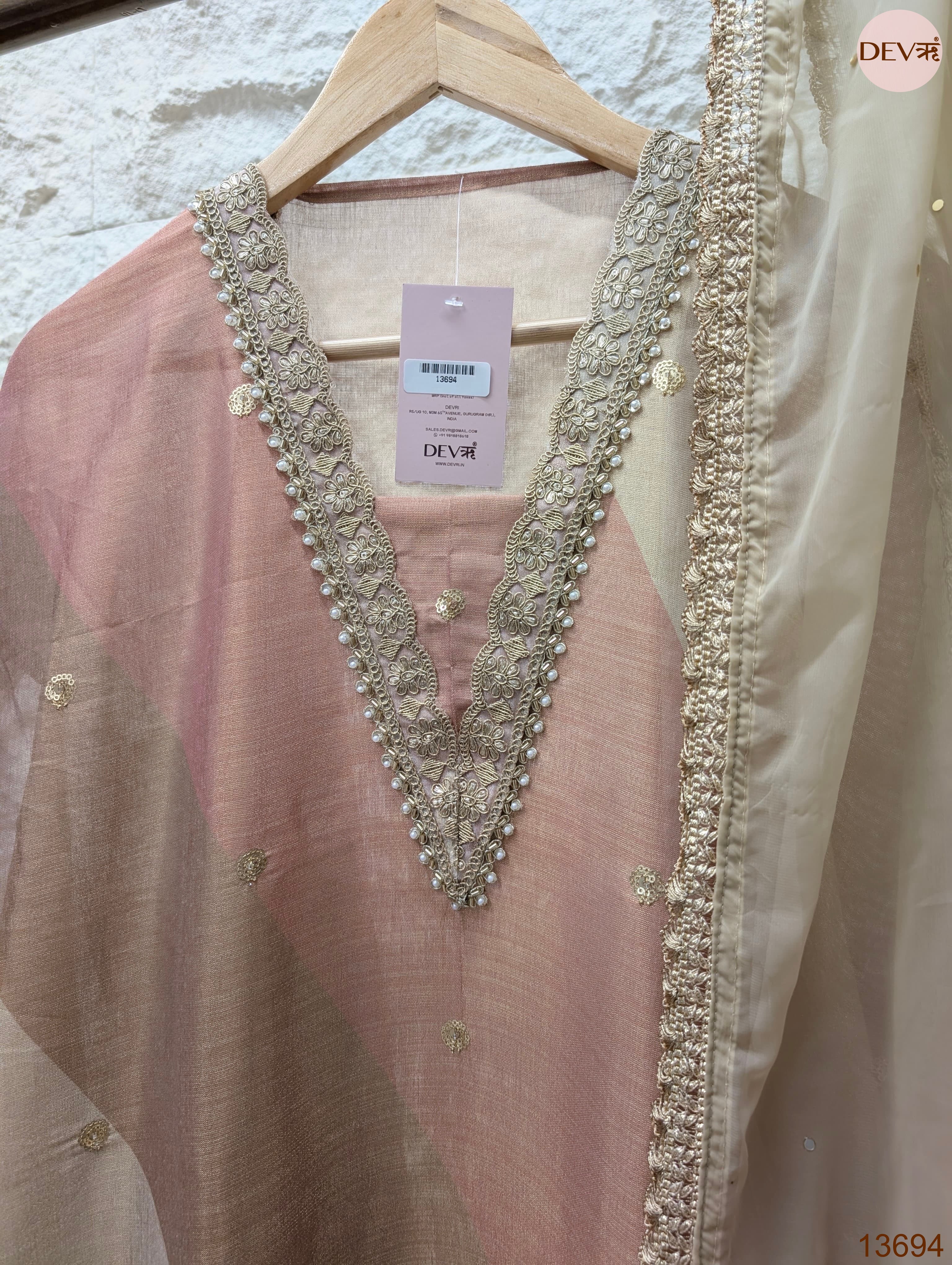 Pink Tissue Silk Embroidered Unstitched 3-Piece Suit (Devri – D.No 13694)