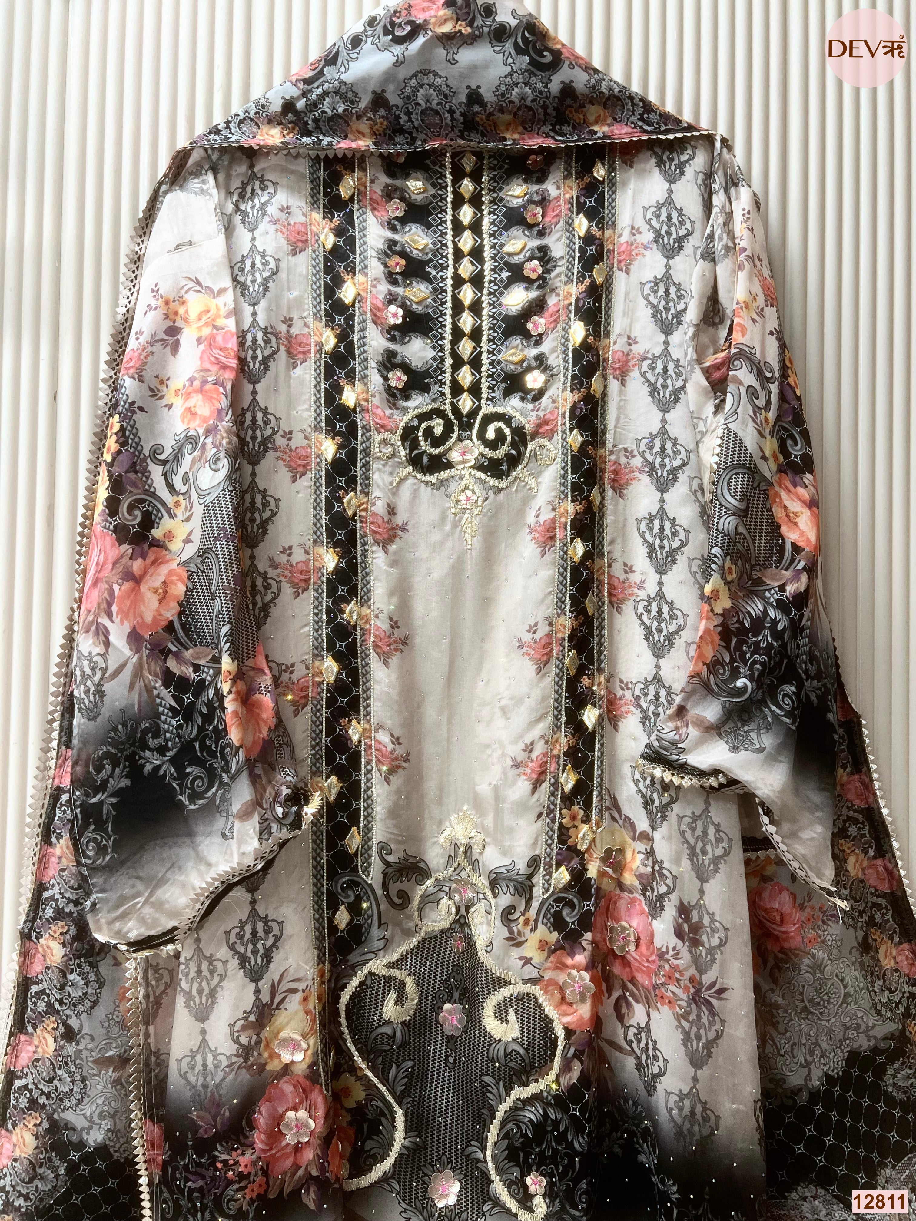 Grey Glass Organza Silk Printed Unstitched 3-Piece Suit (Devri – D.No 12811)
