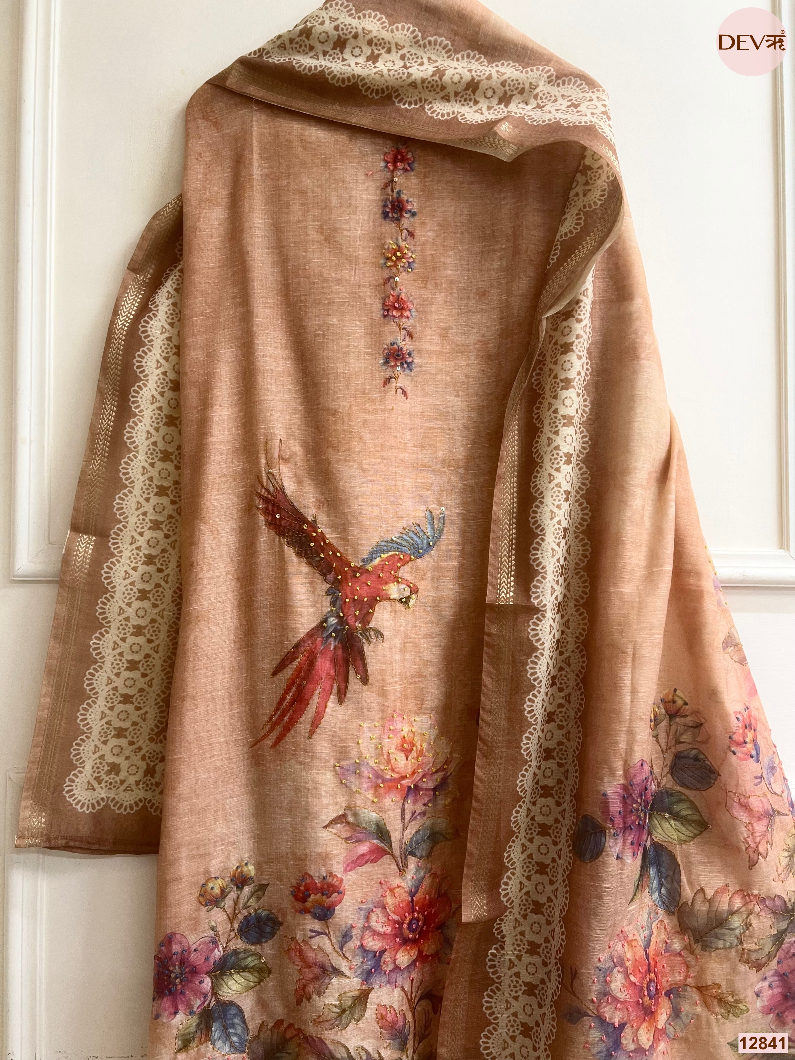 Peach Mul Chanderi Printed Unstitched 3-Piece Suit (Devri – D.No 12841)