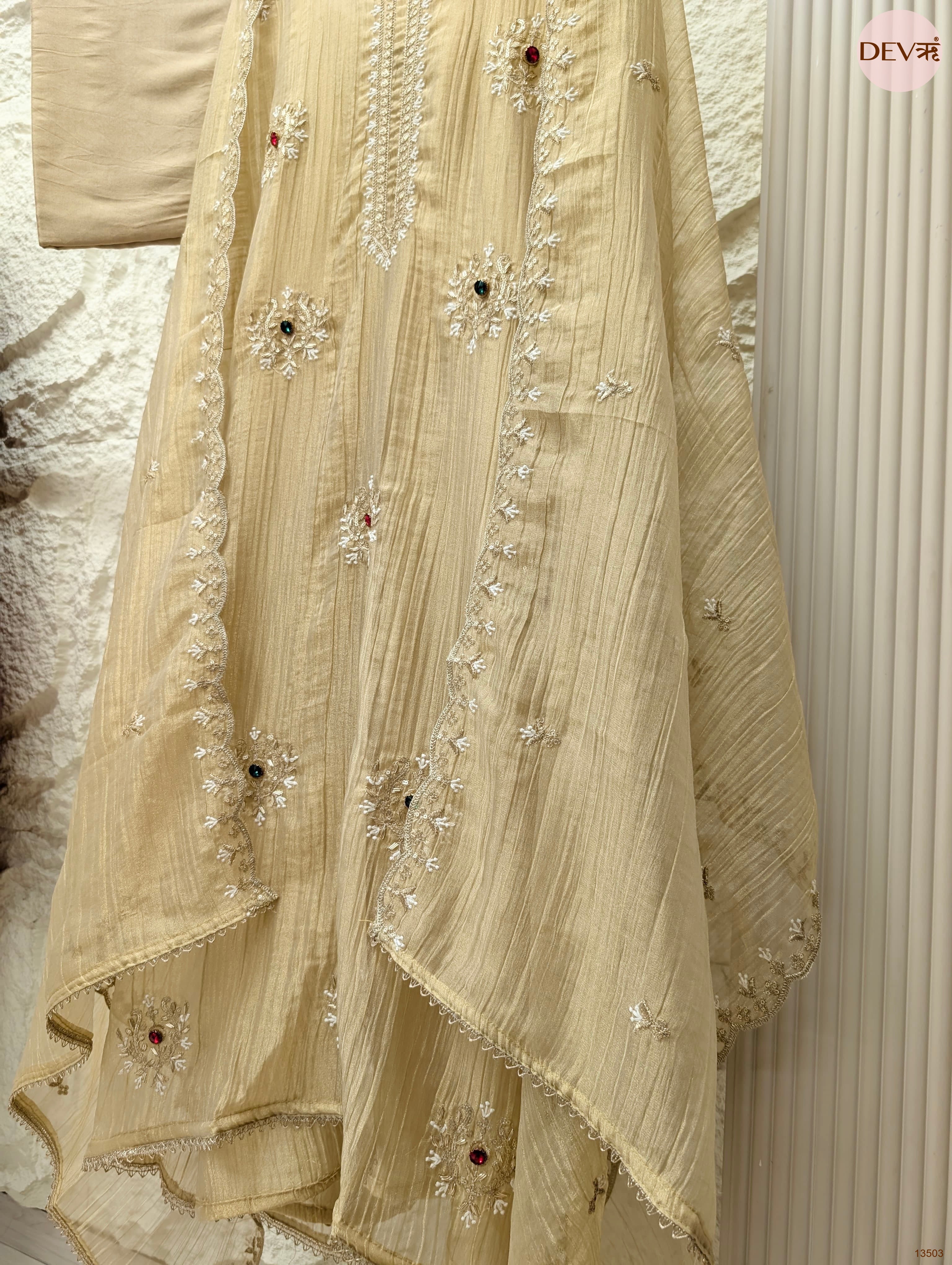 Beige Tissue Crush Silk Embroidered Unstitched 3-Piece Suit (Devri – D.No 13503)