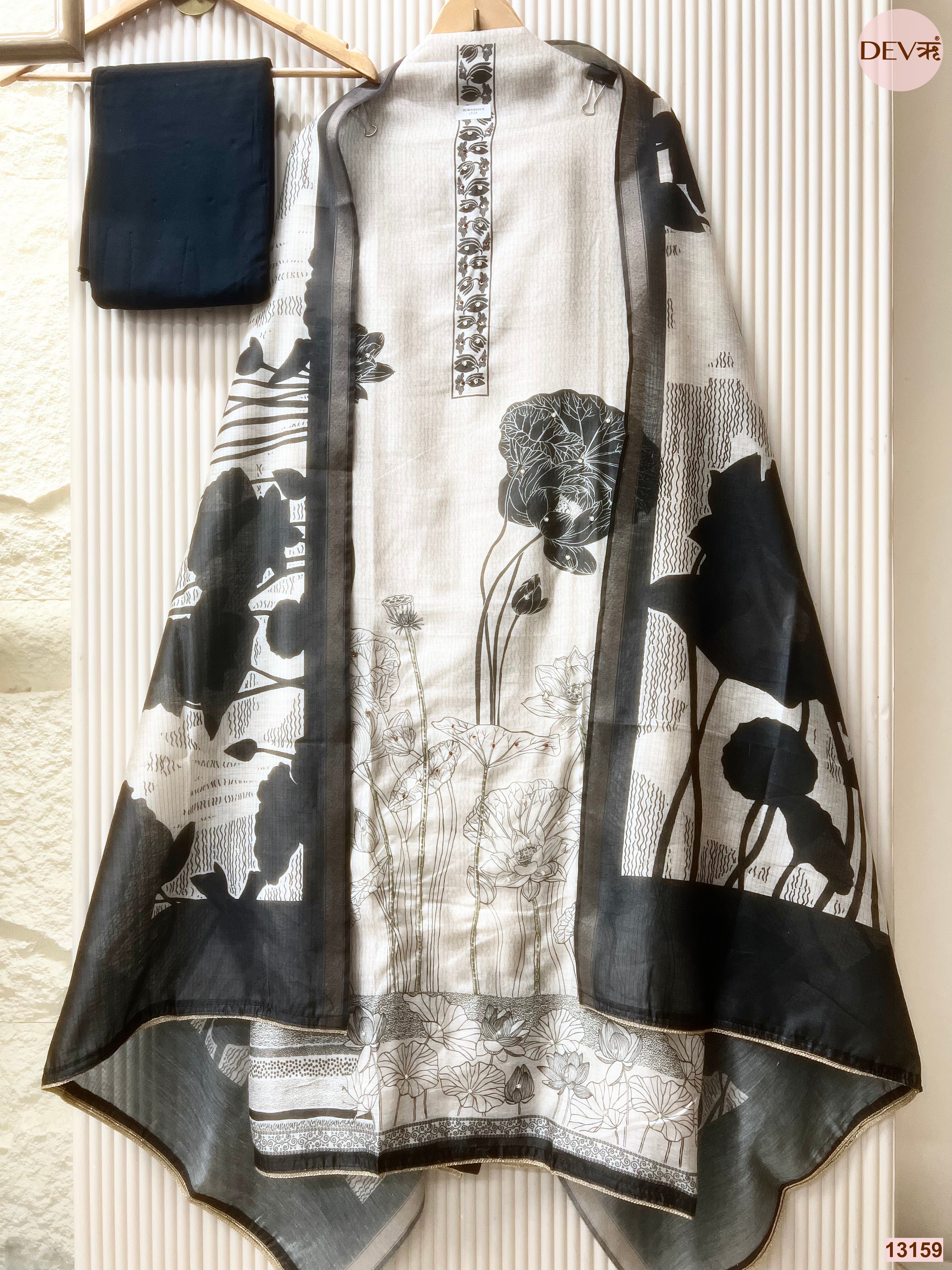 White Mul Chanderi Printed Unstitched 3-Piece Suit (Devri – D.No 13159)