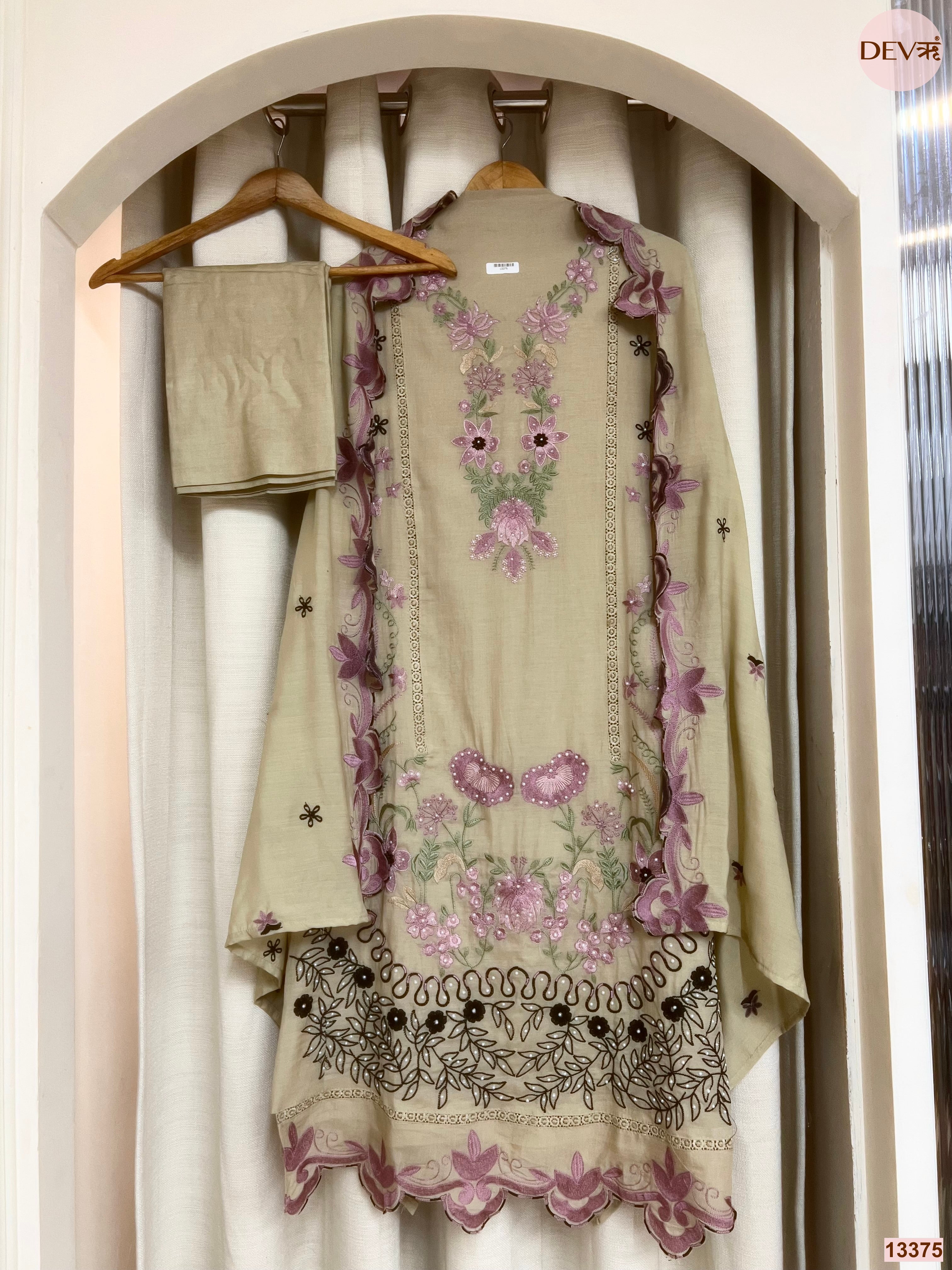 Beige Mul Cotton Embroidered Unstitched 3-Piece Suit (Devri – D.No 13375)